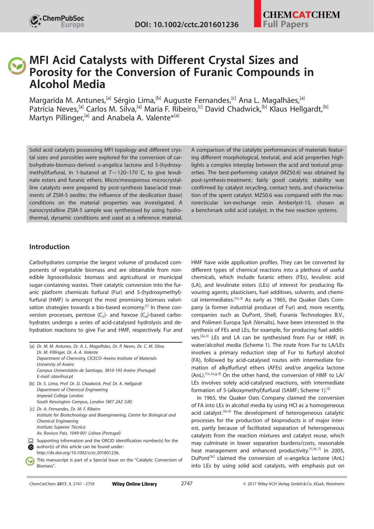 MFI Acid Catalysts with Different Crystal Sizes and Porosity for the Conversion of Furanic Compounds in Alcohol Media by Unknown