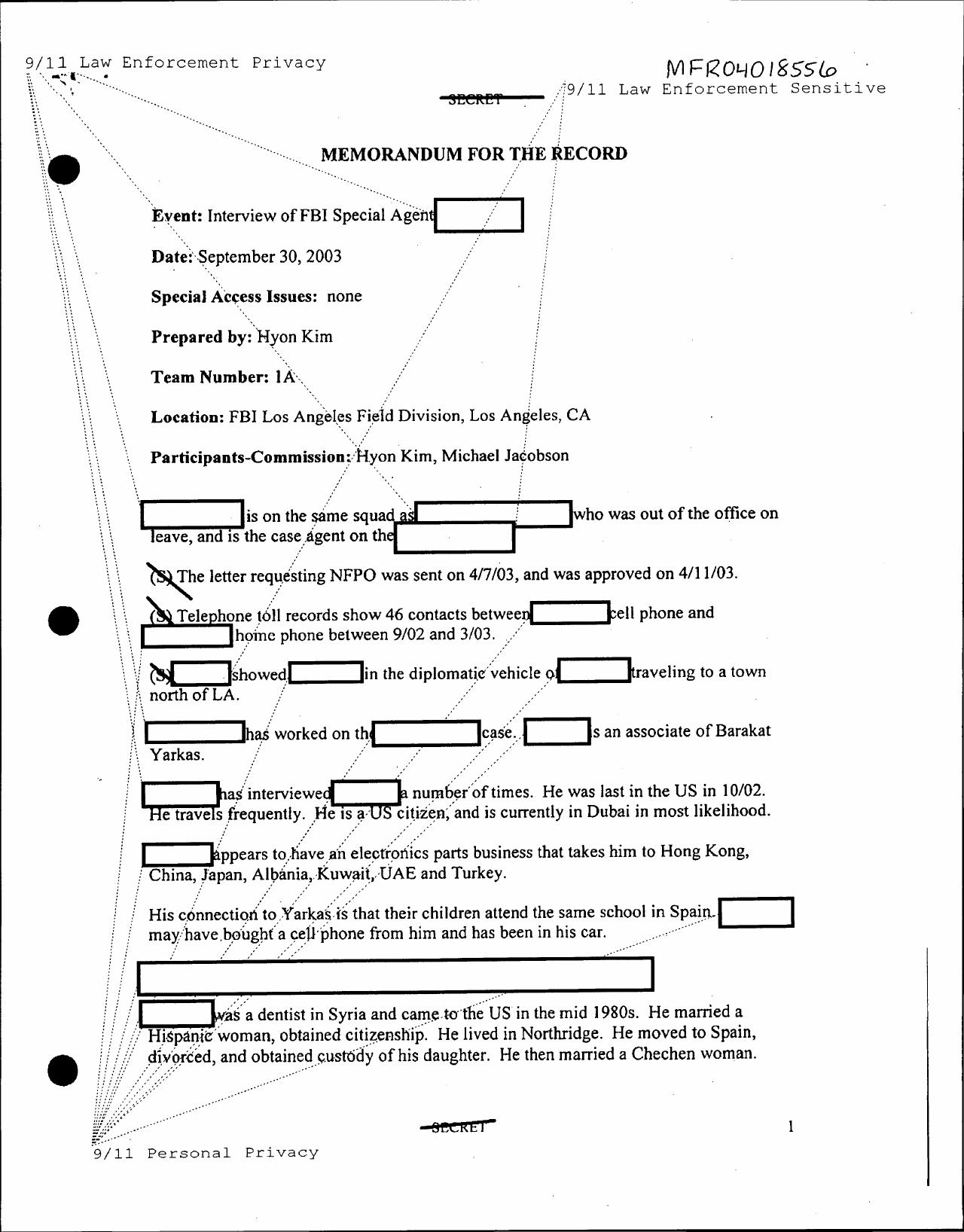 MFR NARA- T1A- FBI- FBI Special Agent 40- 9-30-03- 00301 by Unknown