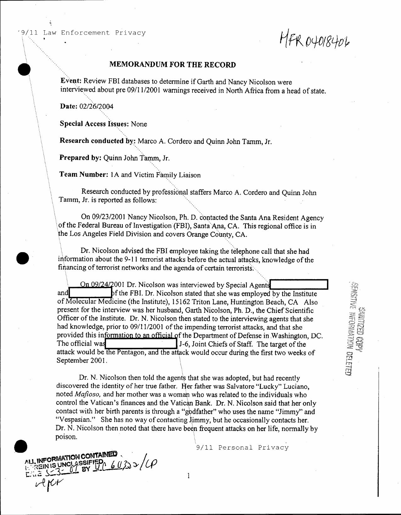 MFR NARA- T1A- NA- FBI Database re Nicholson Interview- 2-26-04- 00786 by Unknown