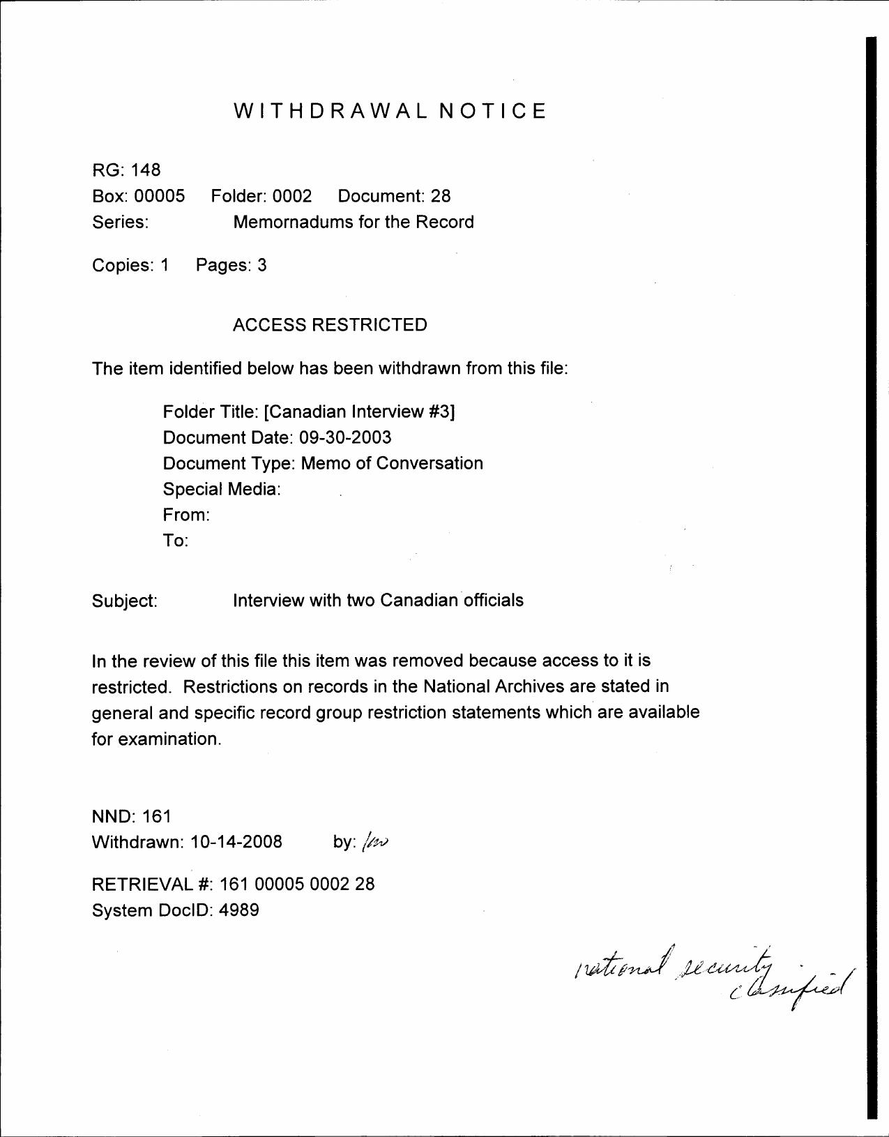 MFR NARA- T2- Canada- Interview 3- 9-30-03- WN- 00119 by Unknown