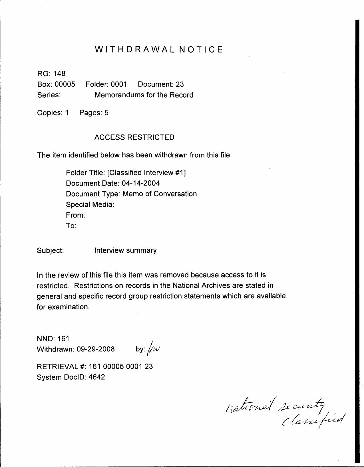 MFR NARA- T3- NA- Classified Interview 1- 4-14-04- WN- 00735 by Unknown