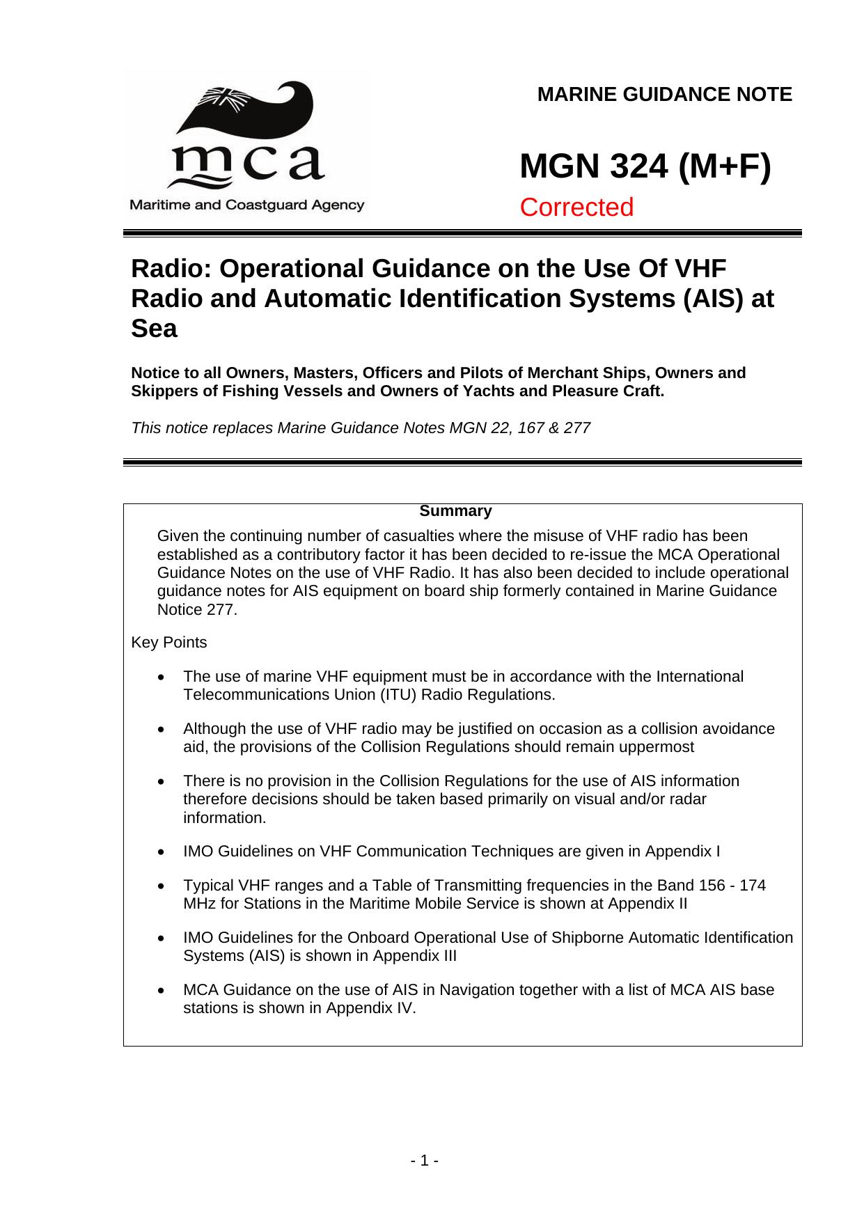 MGN 324 (M+F) - Radio: Operational Guidance on the Use Of VHF Radio and Automatic Identification Systems (AIS) at Sea (Original) by Unknown