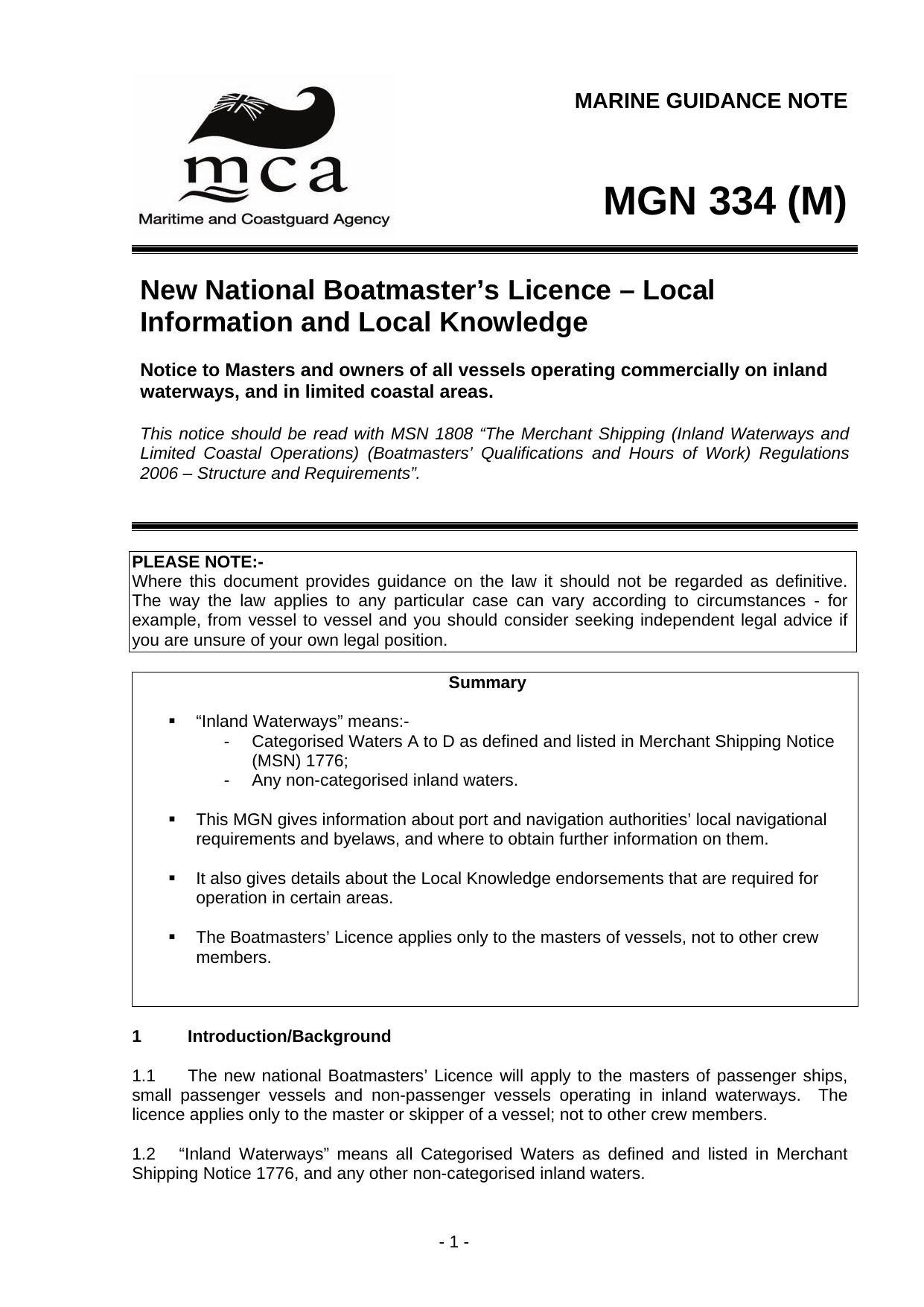MGN 334 - New National Boatmasterâs Licence â Local Information and Local Knowledge by Unknown