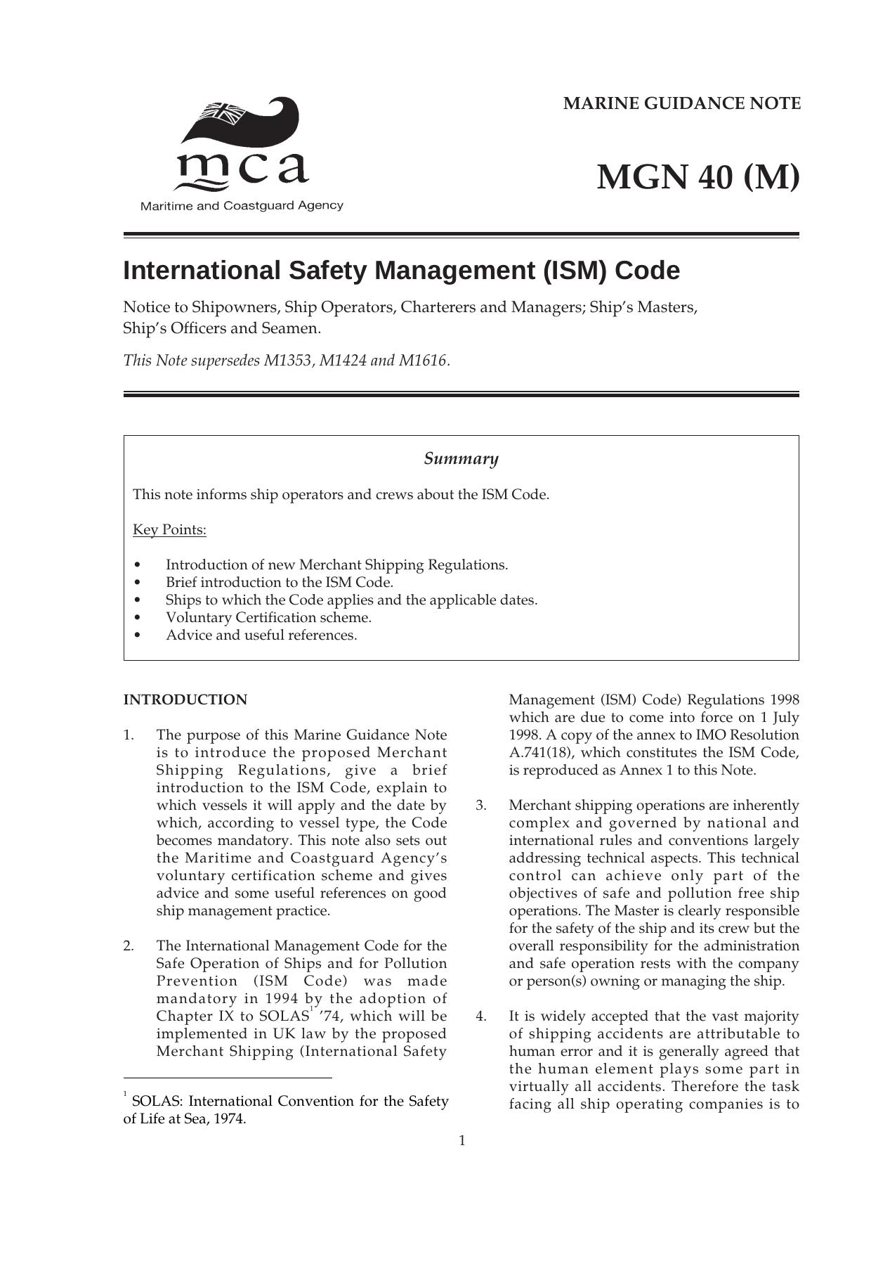 MGN 40 (M) International Safety Management (ISM) Code by Unknown