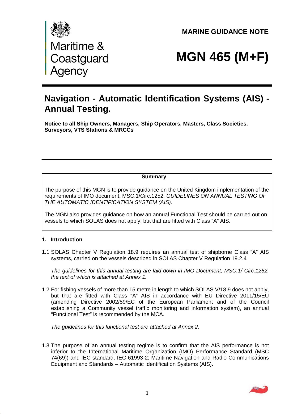 MGN 465 (M+F) - Navigation: Automatic Identification Systems (AIS) - Annual Testing by Redistributed by Regs4ships Ltd