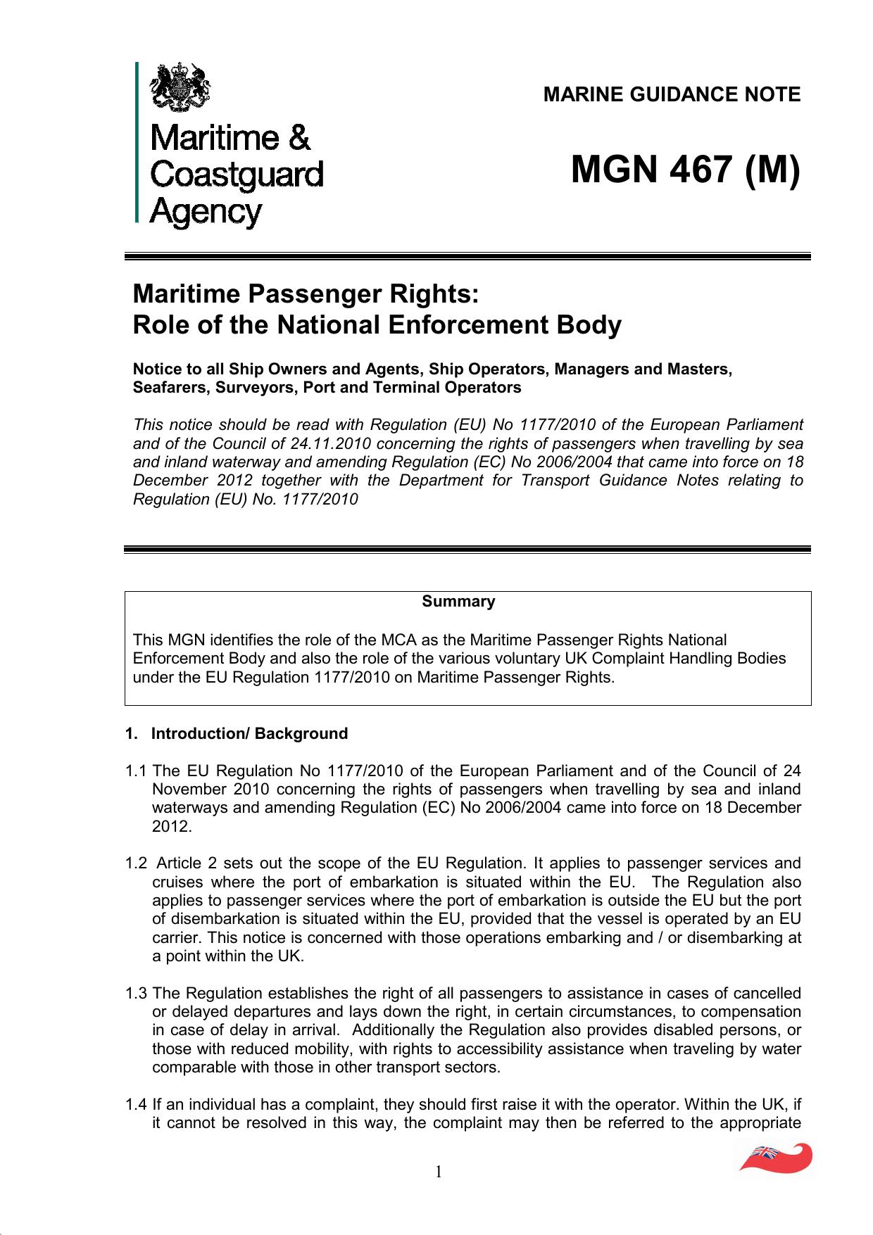 MGN 467 (M) - Maritime Passenger Rights: Role of the National Enforcement Body by Redistributed by Regs4ships Ltd