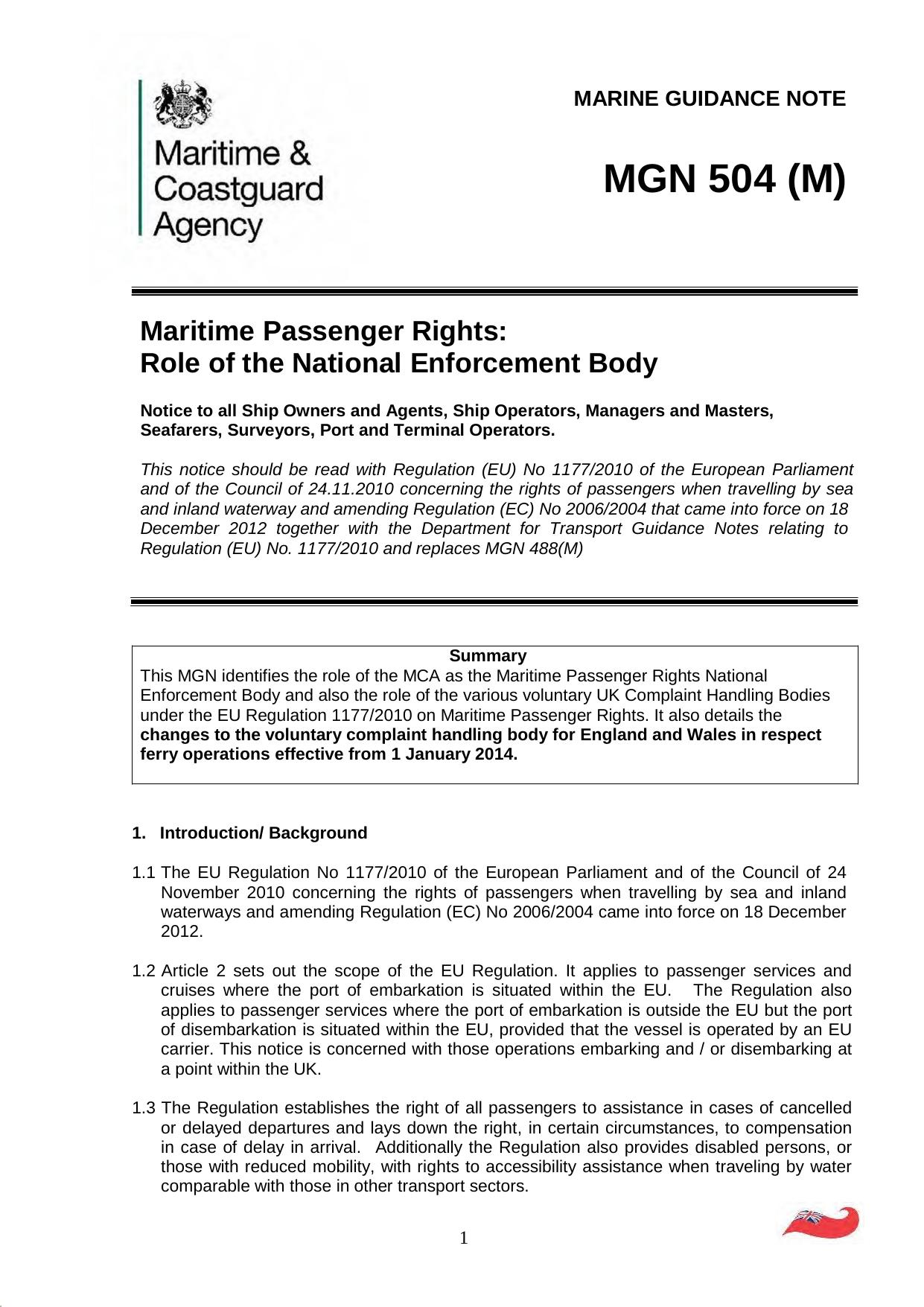 MGN 504 (M) - Maritime Passenger Rights: Role of the National Enforcement Body by Redistributed by Regs4ships Ltd
