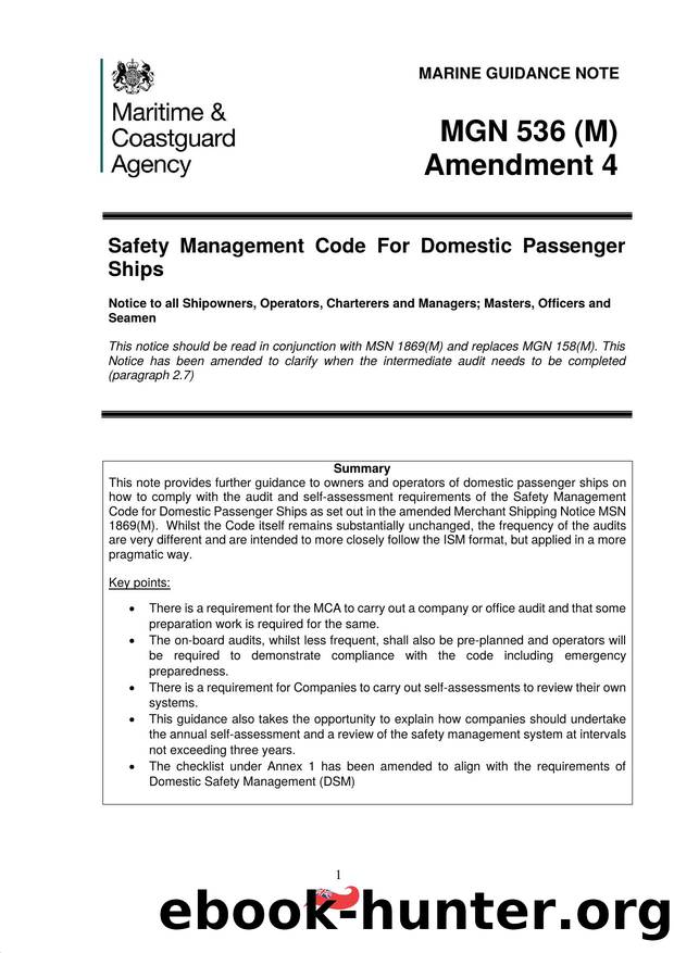 MGN 536 (M) - Safety Management Code for Domestic Passenger Ships (Amendment 4) by Redistributed by Regs4ships Ltd