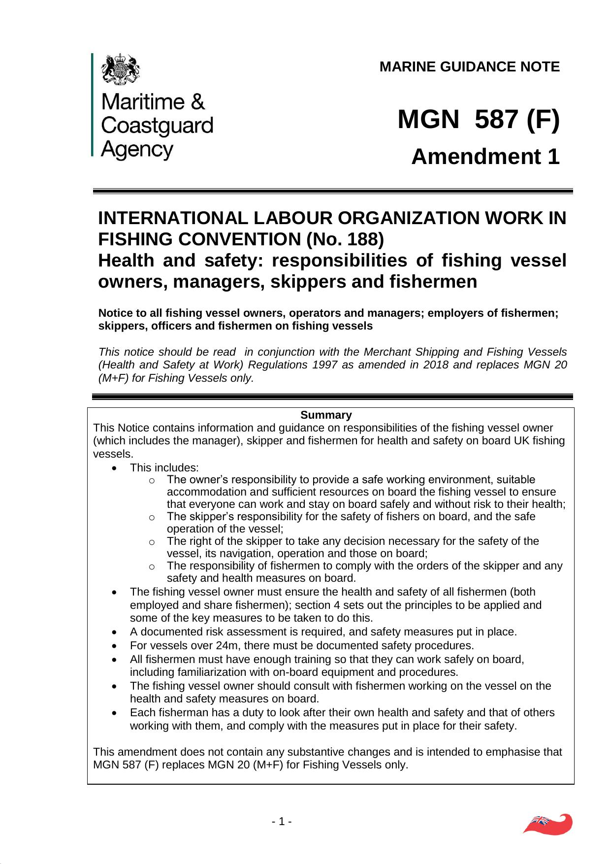 MGN 587 (F) - International Labour Organization Work in Fishing Convention (No. 188) - Health and Safety - Responsibilities of Fishing Vessel Owners, Managers, Skippers and Fishermen (Amendment 1) by David.Wagstaff