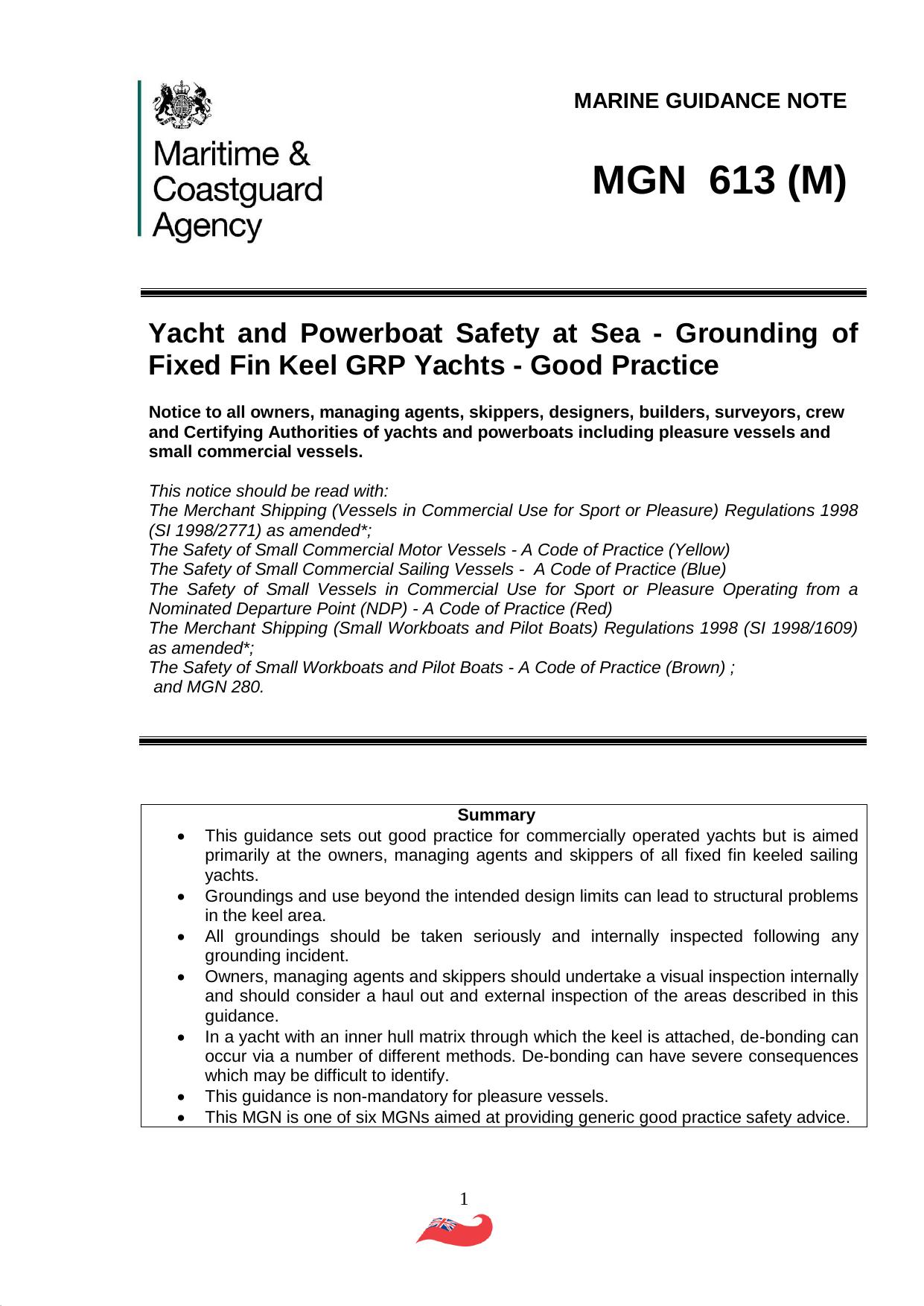 MGN 613 (M) - Yacht and Powerboat Safety at Sea - Grounding of Fixed Fin Keel GRP Yachts - Good Practice by David.Wagstaff