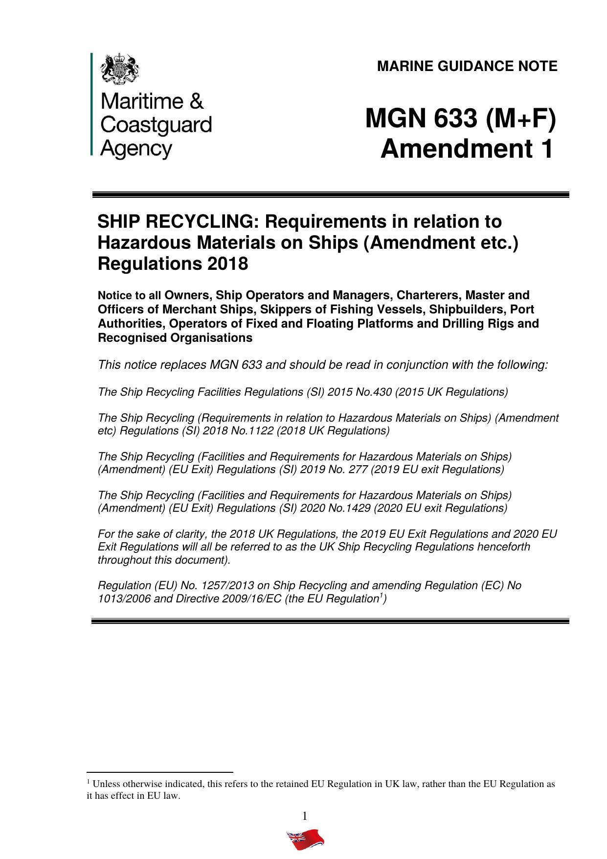 MGN 633 (M+F) Amendment 1 Ship recycling requirements in relation to hazardous materials on ships by Maritime & Coastguard Agency