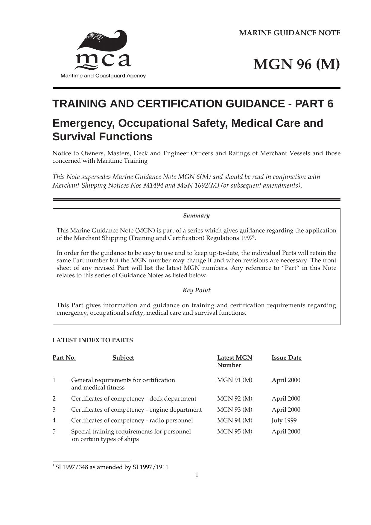 MGN 96 (M) Training and Certification Guidance - Part 6 Emergency. occupational safety, medical care and survival functions by Unknown