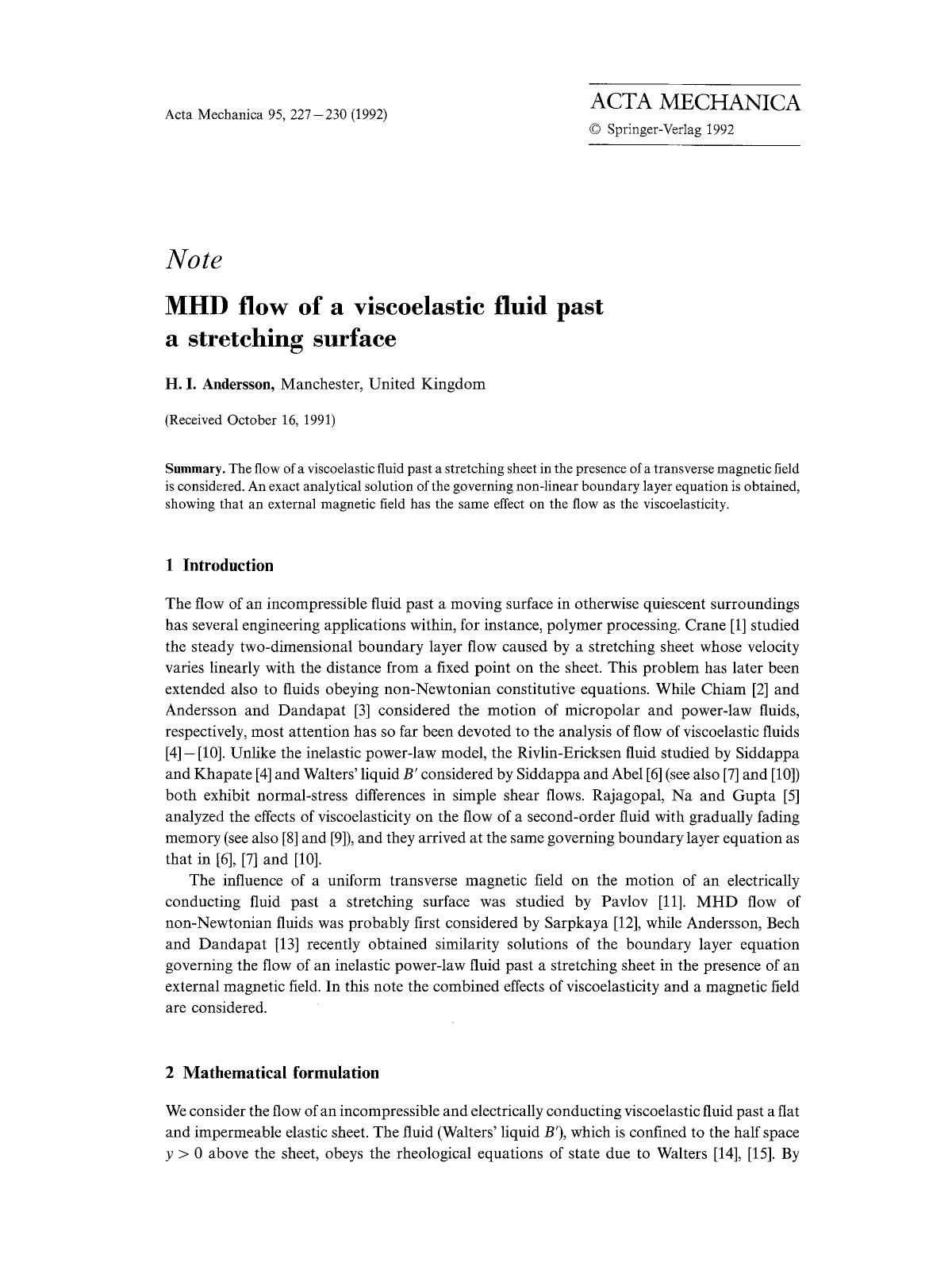 MHD flow of a viscoelastic fluid past a stretching surface by Unknown