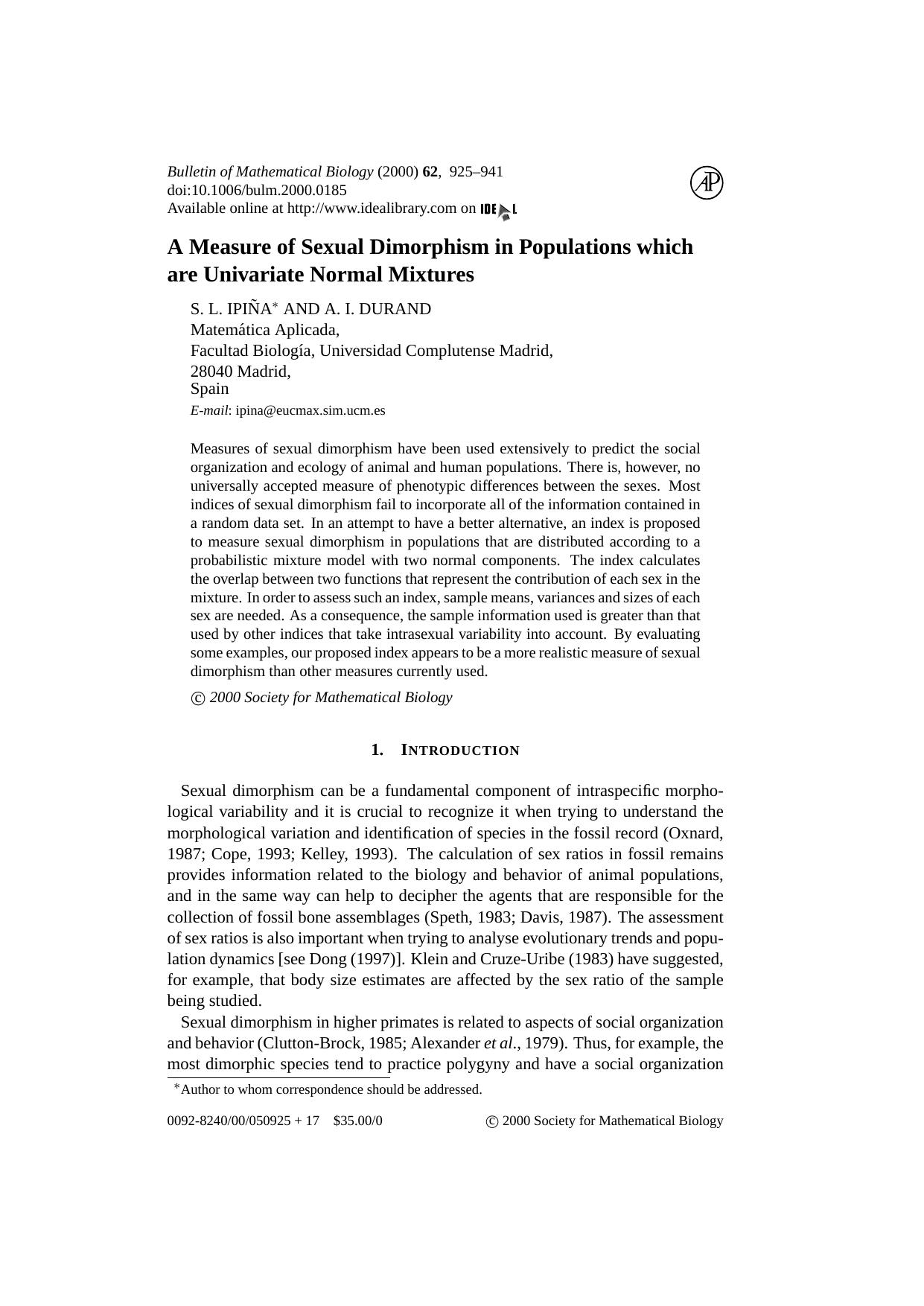 MI Sex Dimorphism Measure by S. L. Ipina & A. I. Durand