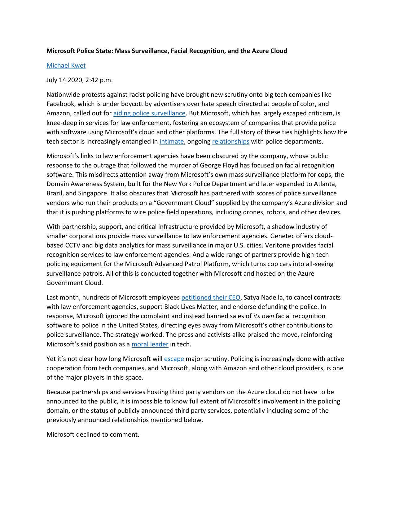 MICROSOFT POLICE STATE by MASS SURVEILLANCE FACIAL RECOGNITION & THE AZURE CLOUD