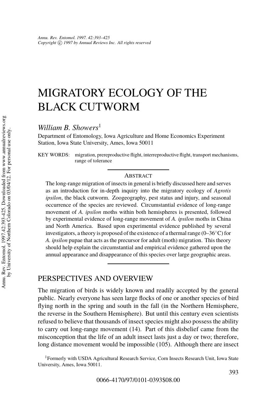 MIGRATORY ECOLOGY OF THE BLACK CUTWORM by William B. Showers1
