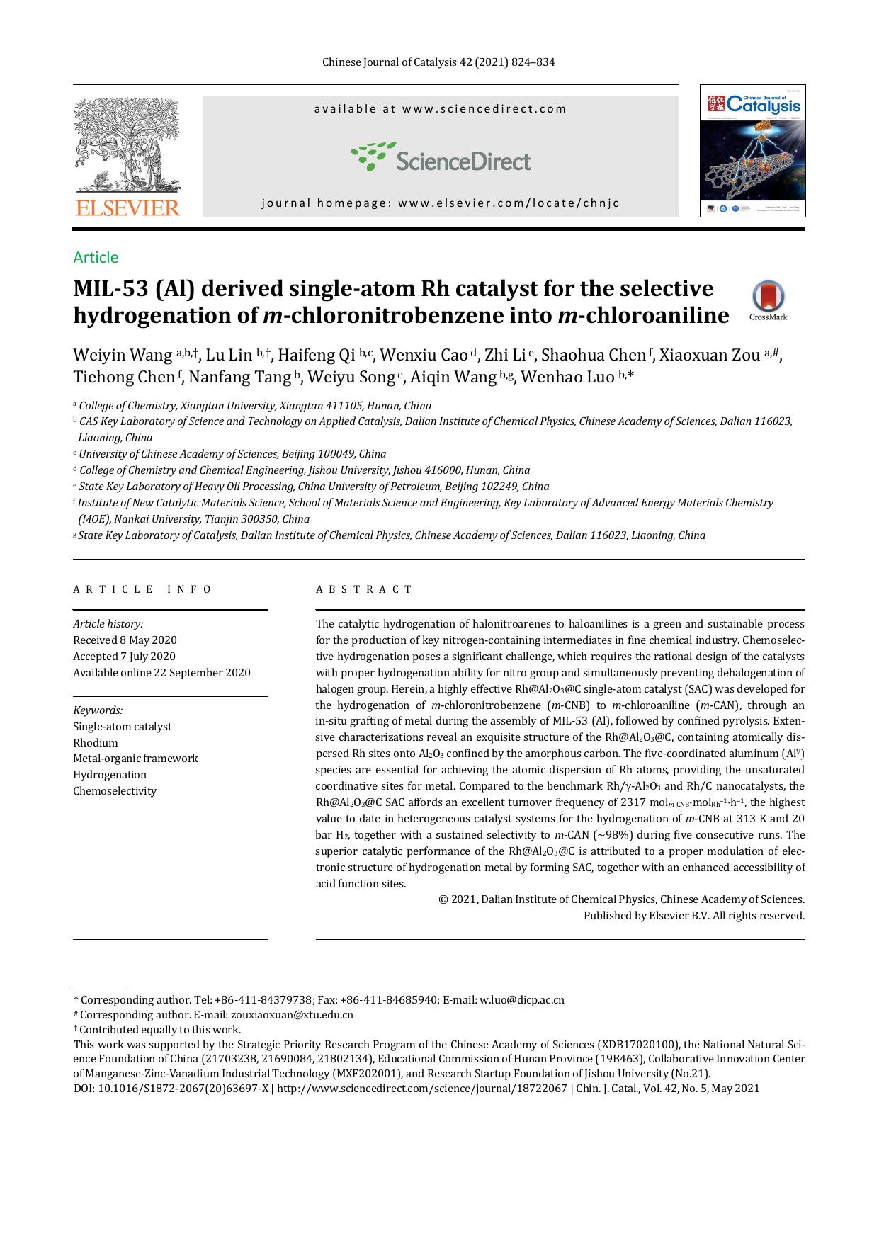 MIL-53 (Al) derived single-atom Rh catalyst for the selective hydrogenation of m-chloronitrobenzene into m-chloroaniline by unknow