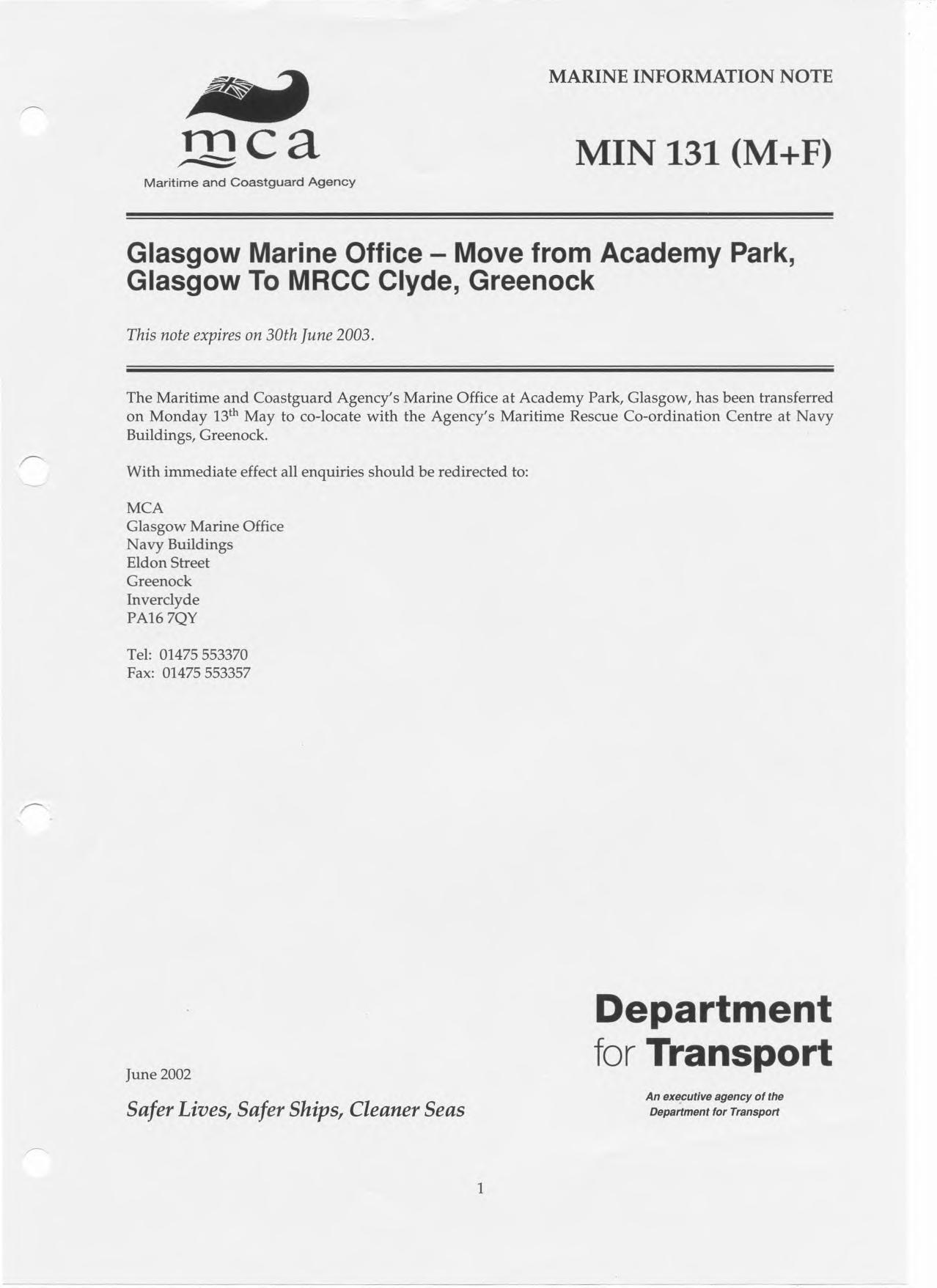 MIN 131 (M+F) - Glasgow Marine Office - Move from Academy Park, Glasgow to MRCC Clyde, Greenock by Redistributed by Regs4ships Ltd