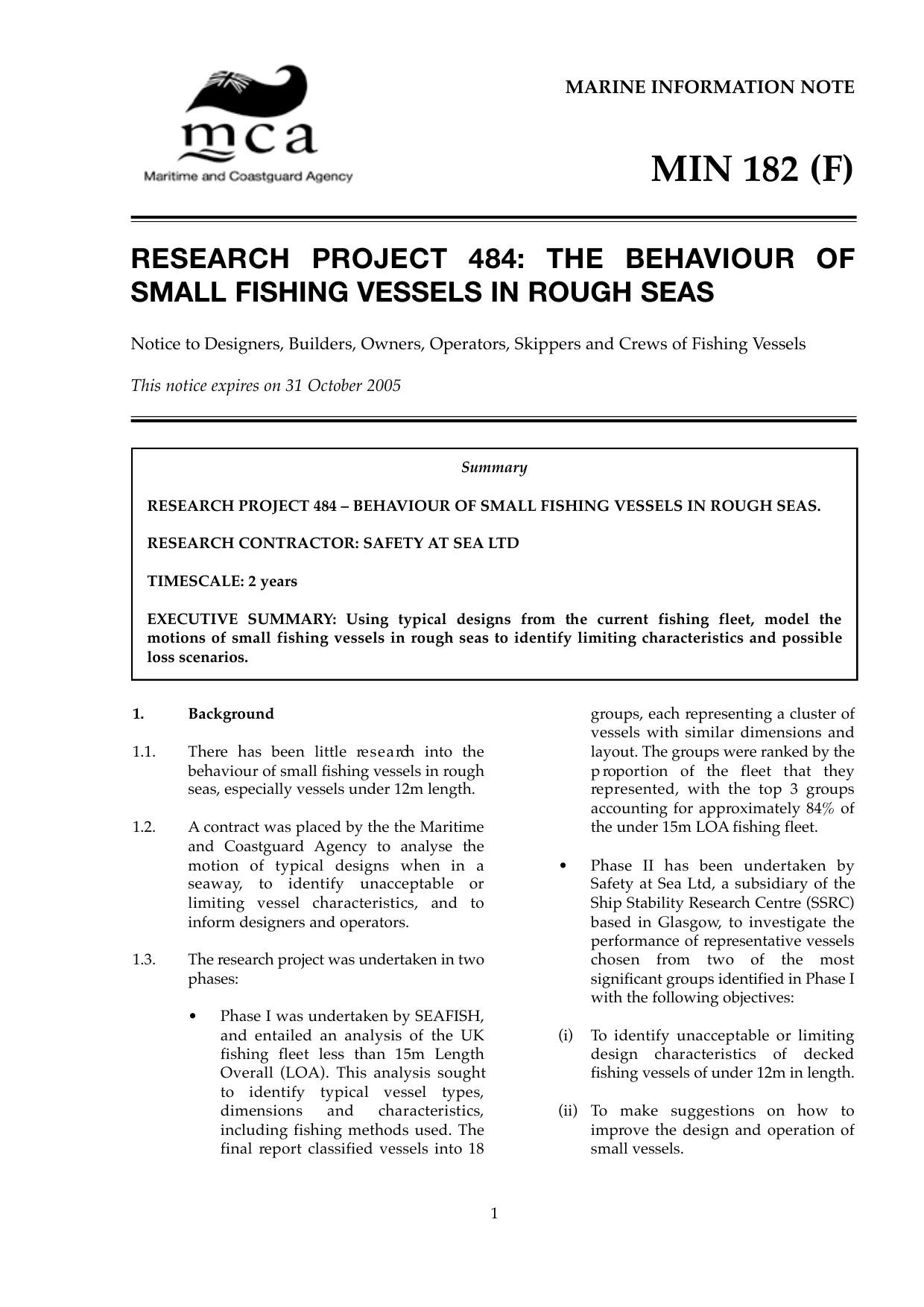 MIN 182 (F) - Research Project 484: The Behaviour of Small Fishing Vessels in Rough Seas by Unknown