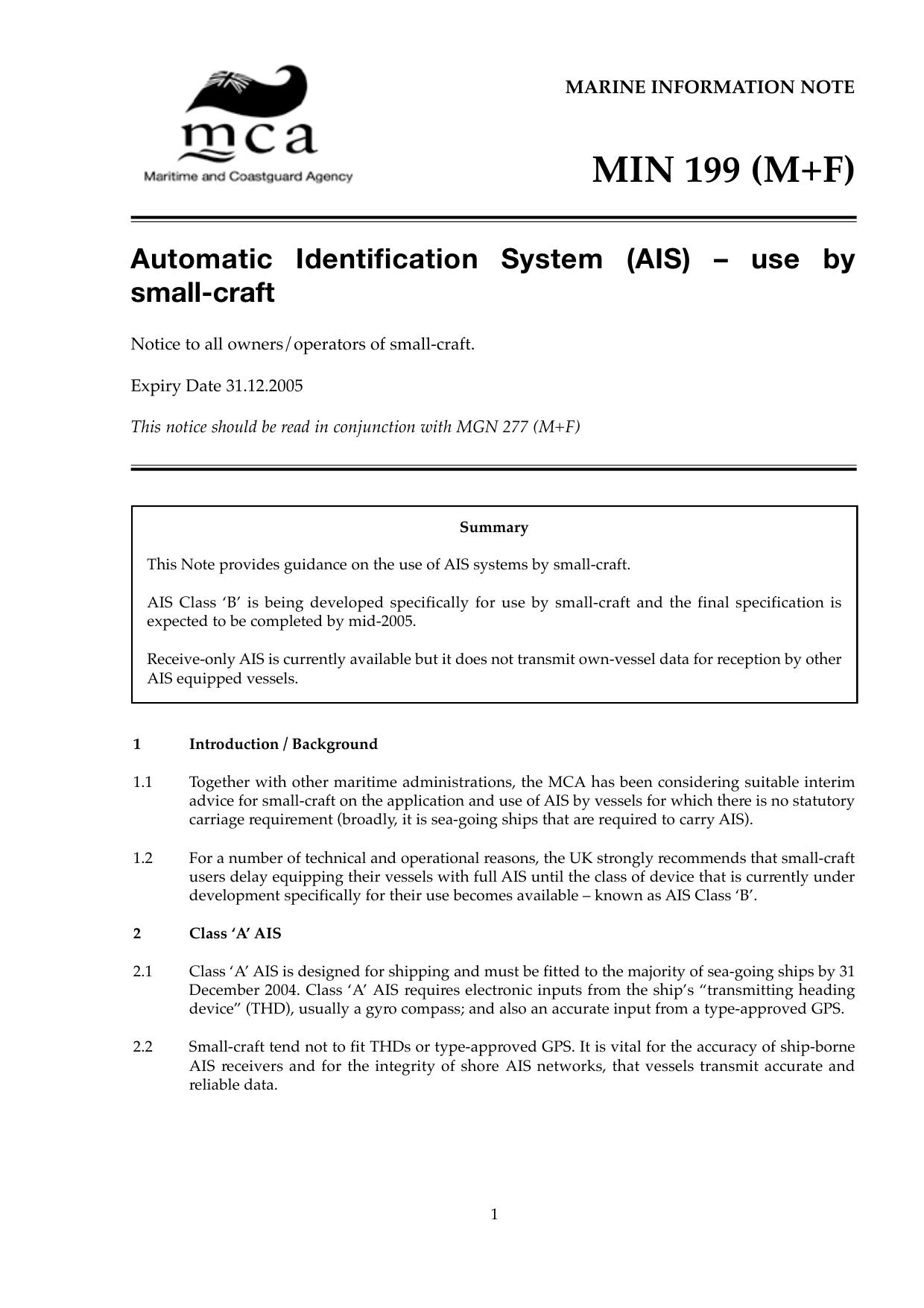 MIN 199 (M+F) - Automatic Identification System (AIS) â use by small-craft by Unknown
