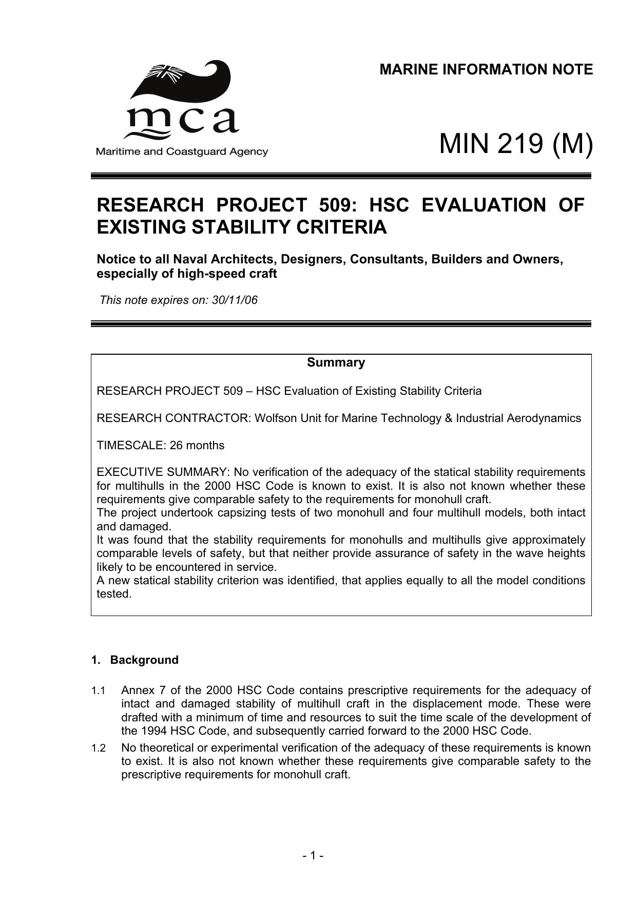 MIN 219 (M) - Research Project 509: HSC Evaluation of Existing Stability Criteria by Unknown