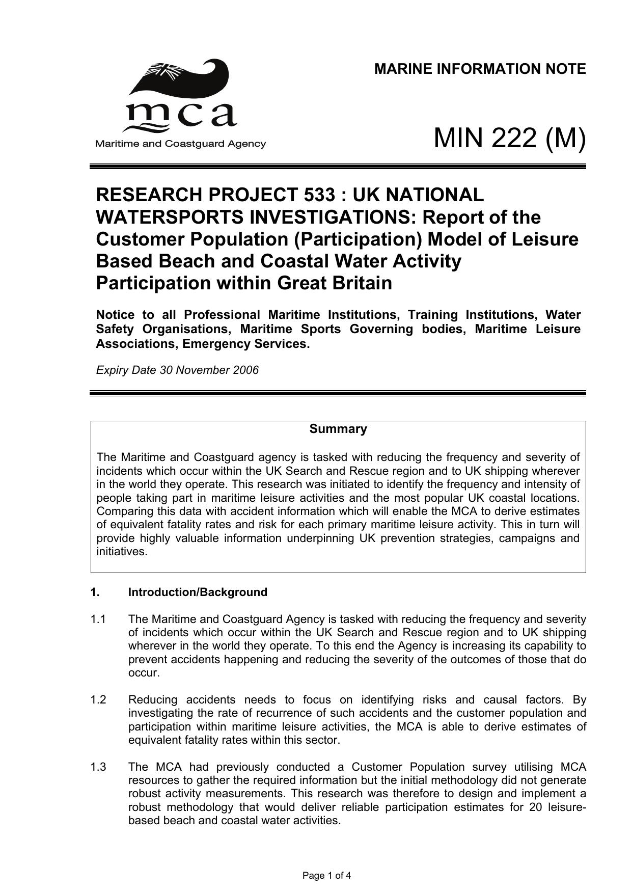 MIN 222 (M) - Research Project 533 : UK National Watersports Investigations: Report Of The Customer Population (Participation) Model Of Leisure Based Beach And Coastal Water Activi by Unknown