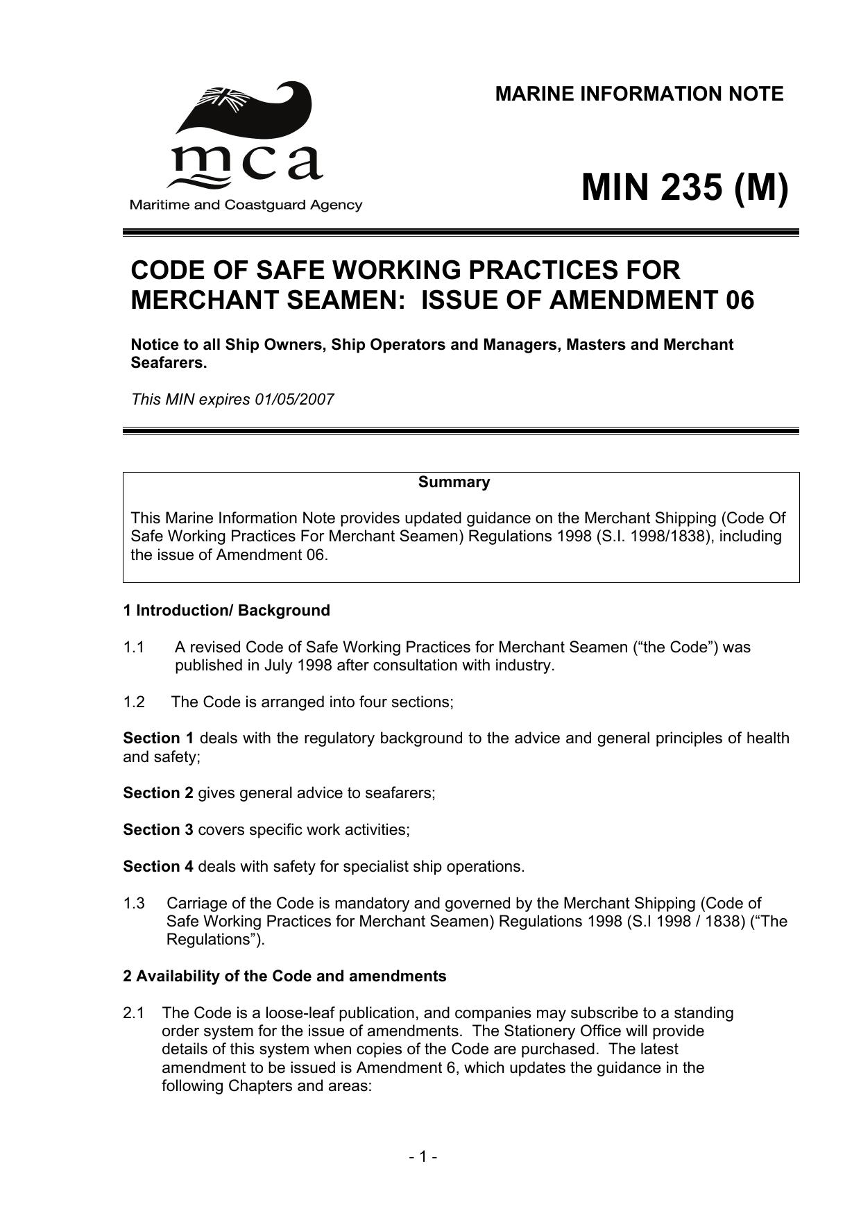 MIN 235 (M) - Code of Safe Working Practices for Merchant Seamen: Issue of Amendment 06 by Unknown