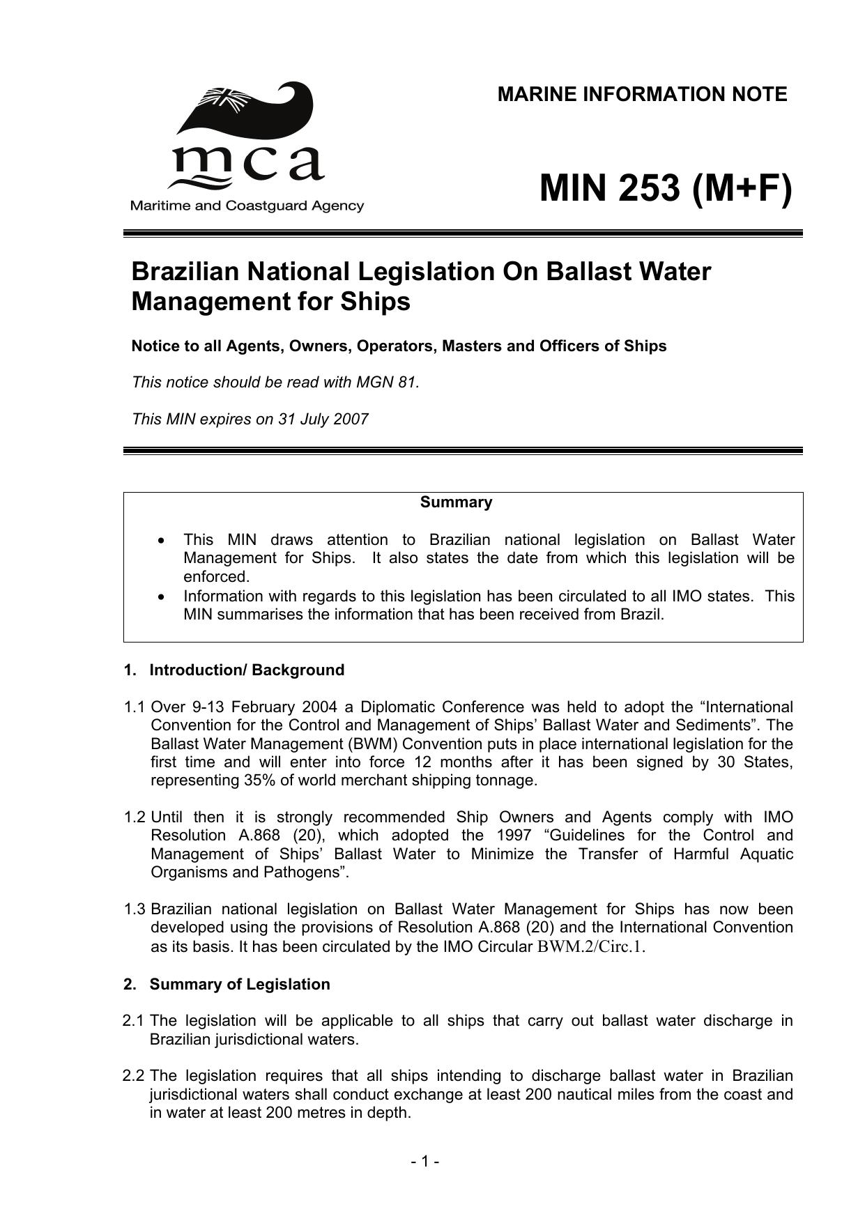 MIN 253 (M+F) - Brazilian National Legislation on Ballast Water Management for Ships by Unknown