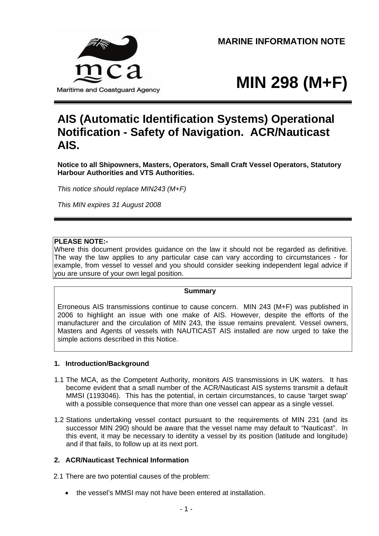 MIN 298 (M+F) - AIS (Automatic Identification Systems) Operational Notification - Safety of Navigation. ACRNauticast AIS by Unknown