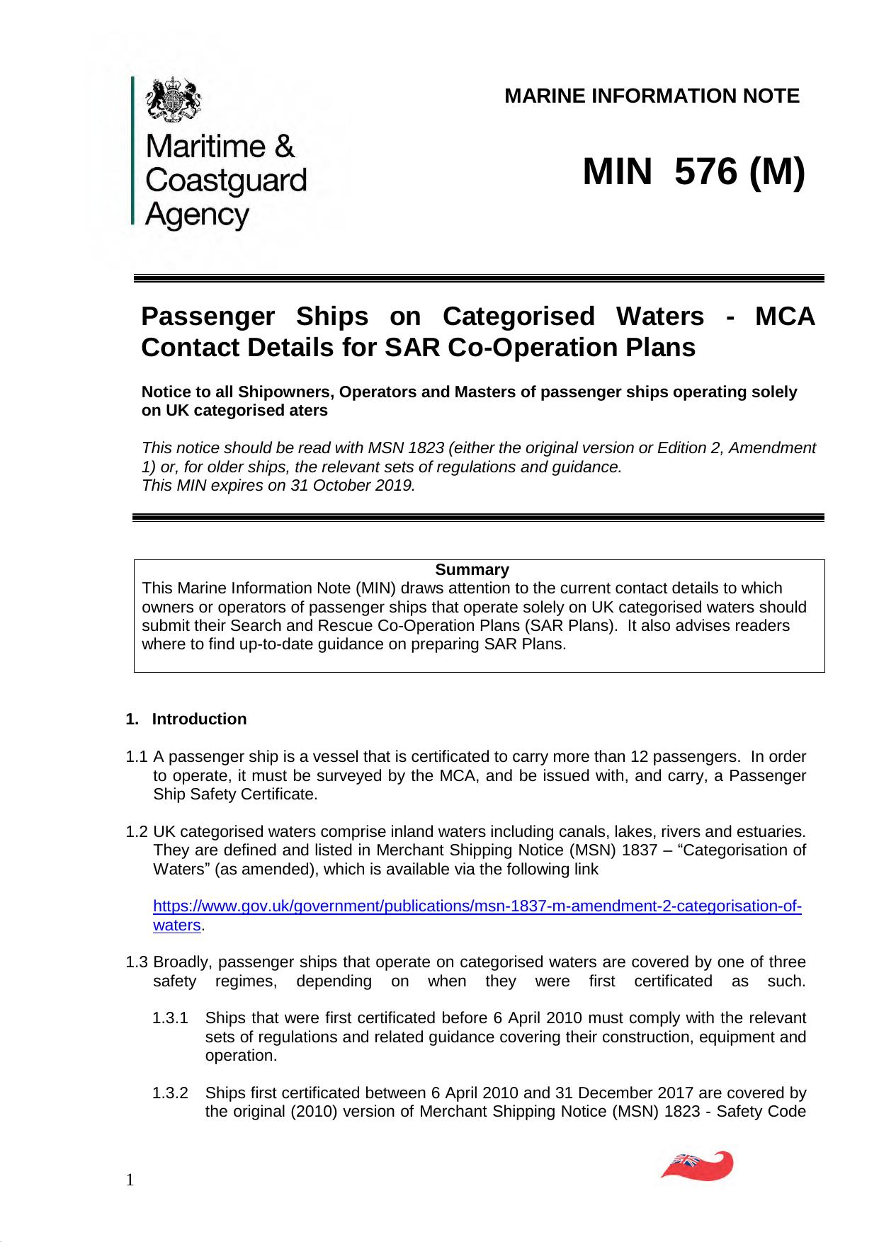 MIN 576 (M) - Passenger Ships on Categorised Waters - MCA Contact Details for SAR Co-Operation Plans by David.Wagstaff