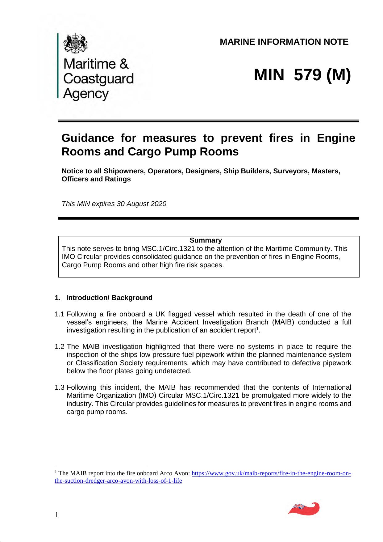 MIN 579 (M) - Guidance for Measures to Prevent Fires in Engine Rooms and Cargo Pump Rooms by Redistributed by Regs4ships Ltd