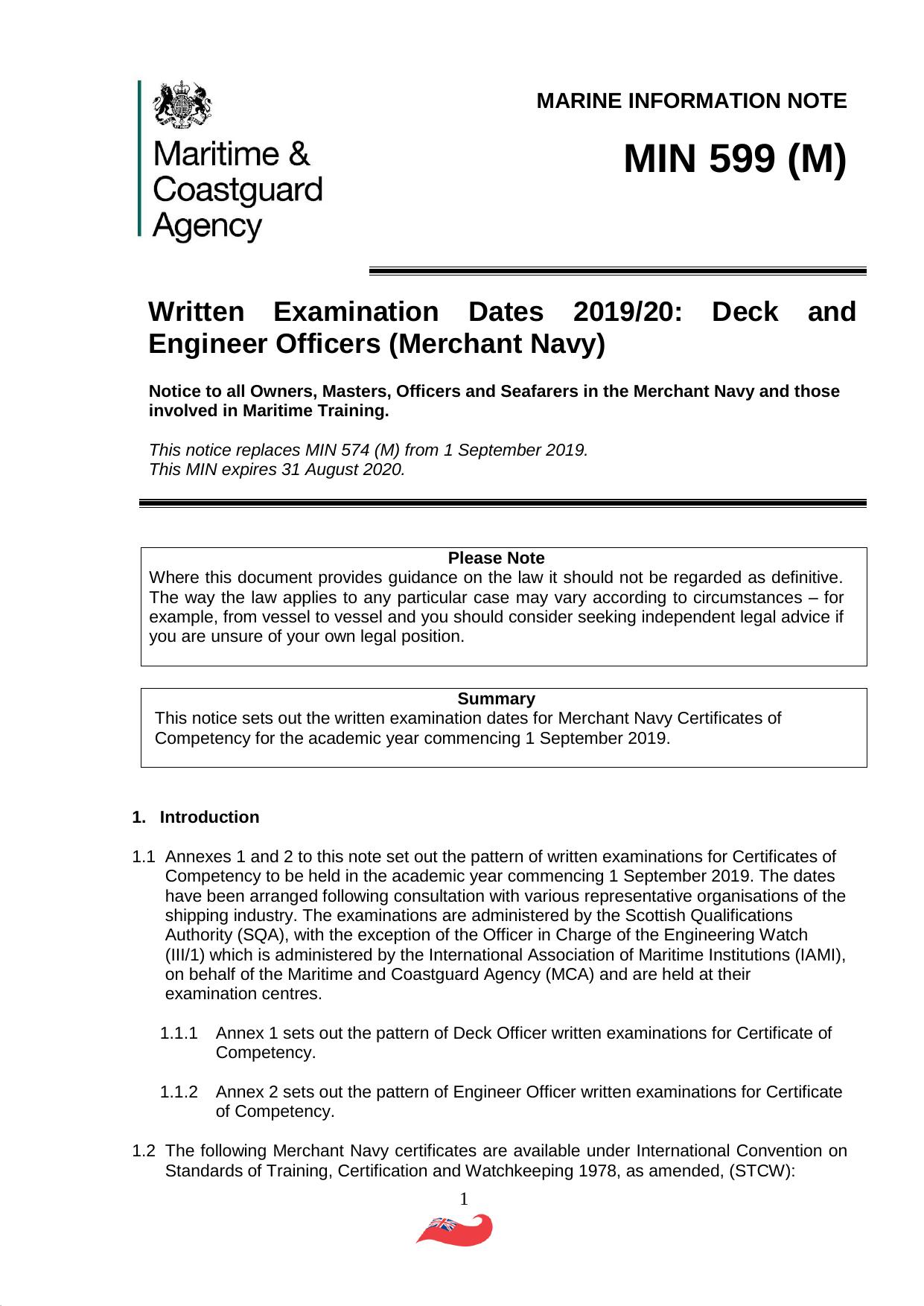 MIN 599 (M) - Written Examination Dates 201920: Deck and Engineer Officers (Merchant Navy) by David.Wagstaff