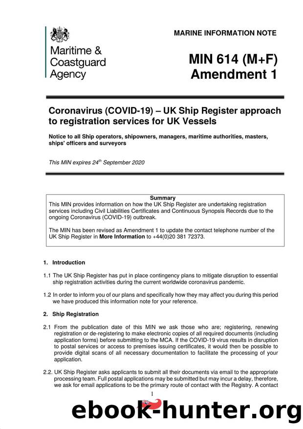 MIN 614 (M+F) - UK Ship Register Approach to Registration Services for UK Vessels (Amendment 1) by Redistributed by Regs4ships Ltd