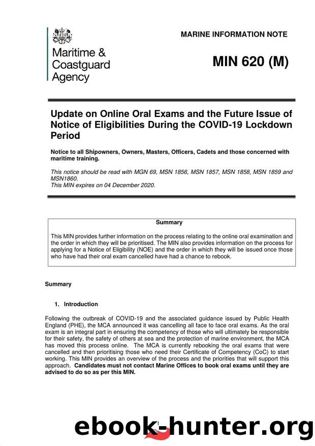MIN 620 (M) - Update on Online Oral Exams and the Future Issue of Notice of Eligibilities During the COVID-19 Lockdown Period by Redistributed by Regs4ships Ltd