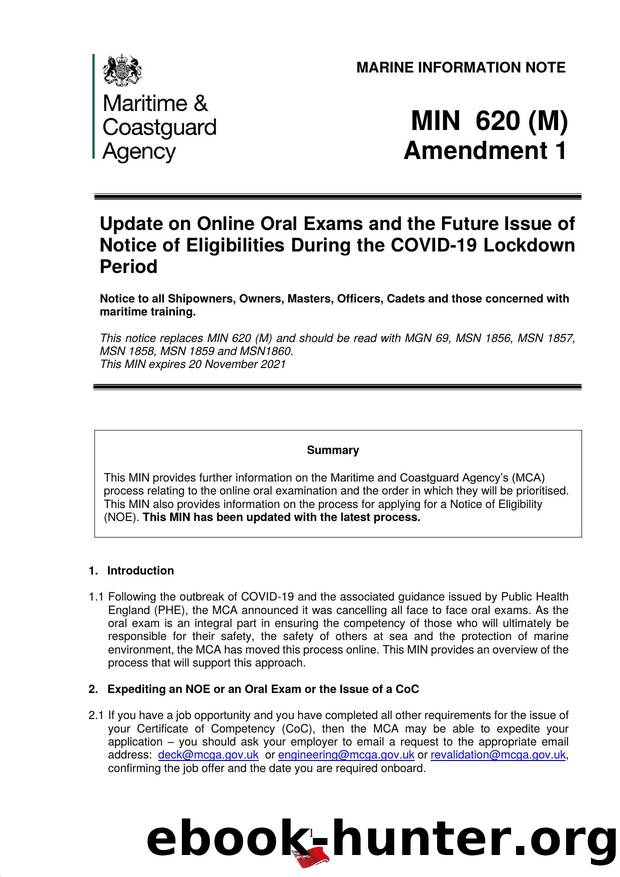 MIN 620 (M) - Update on Online Oral Exams and the Future Issue of Notice of Eligibilities during the COVID-19 Lockdown Period (Amendment 1) by Redistributed by Regs4ships Ltd