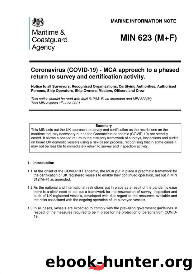 MIN 623 (M+F) - Coronavirus (COVID-19) - MCA approach to a Phased Return to Survey and Certification Activity by Redistributed by Regs4ships Ltd