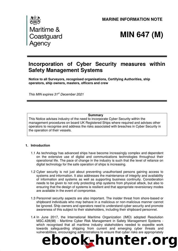 MIN 647 (M+F) - Incorporation of Cyber Security Measures Within Safety Management Systems by Redistributed by Regs4ships Ltd