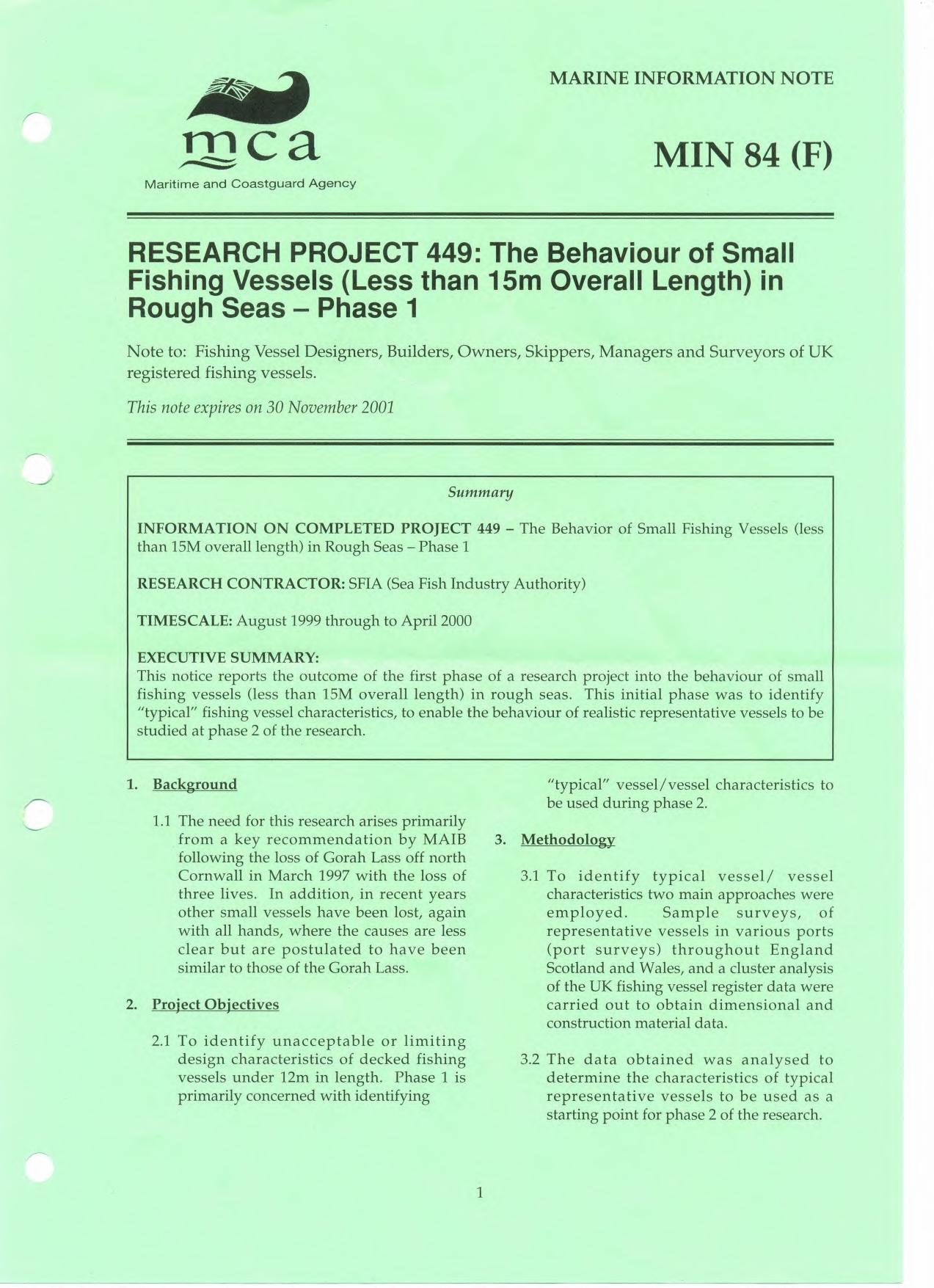 MIN 84 (F) - Research Project 449: The Behaviour of Small Fishing Vessels (Less than 15m Overall in Length) in Rough Seas - Phase 1 by Builder