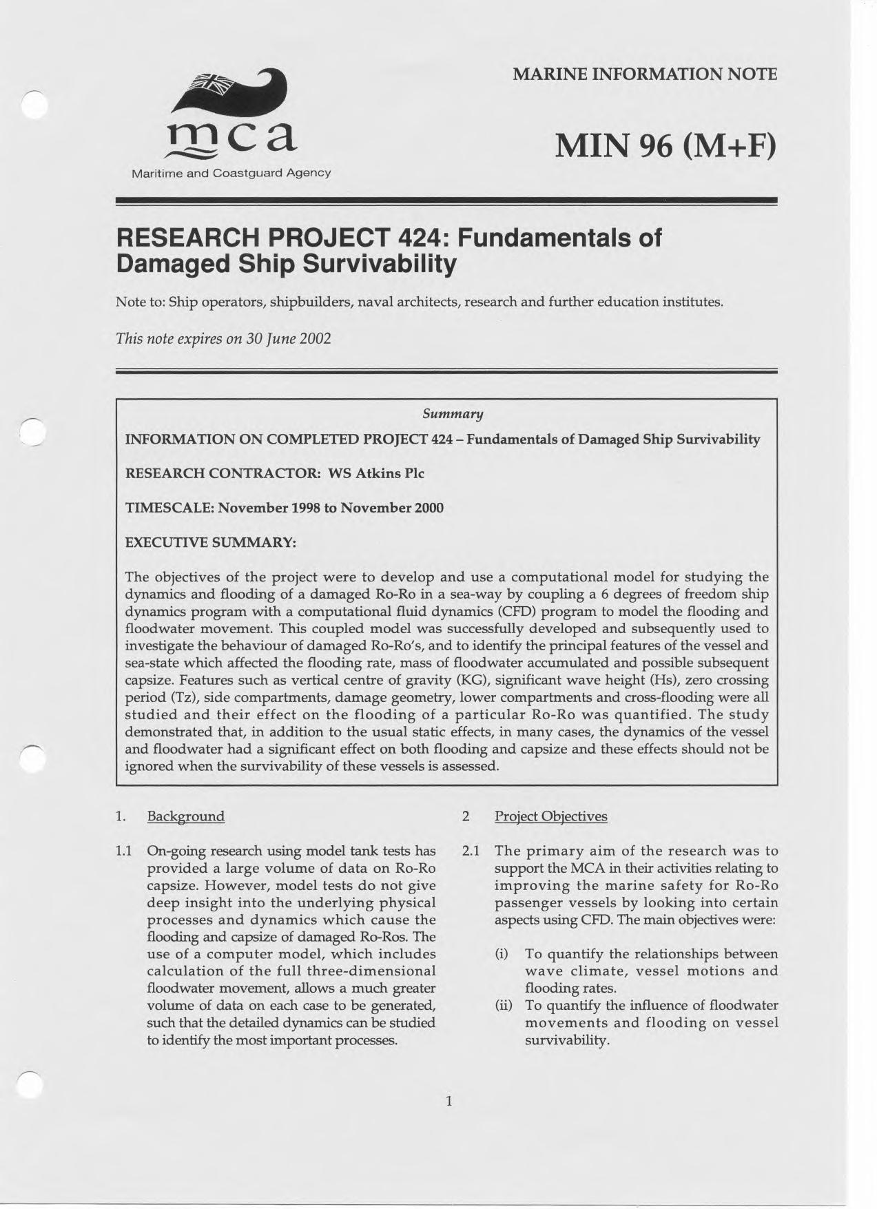 MIN 96 (M+F) - Research Project 424: Fundamental of Damaged Ship Survivability by Builder