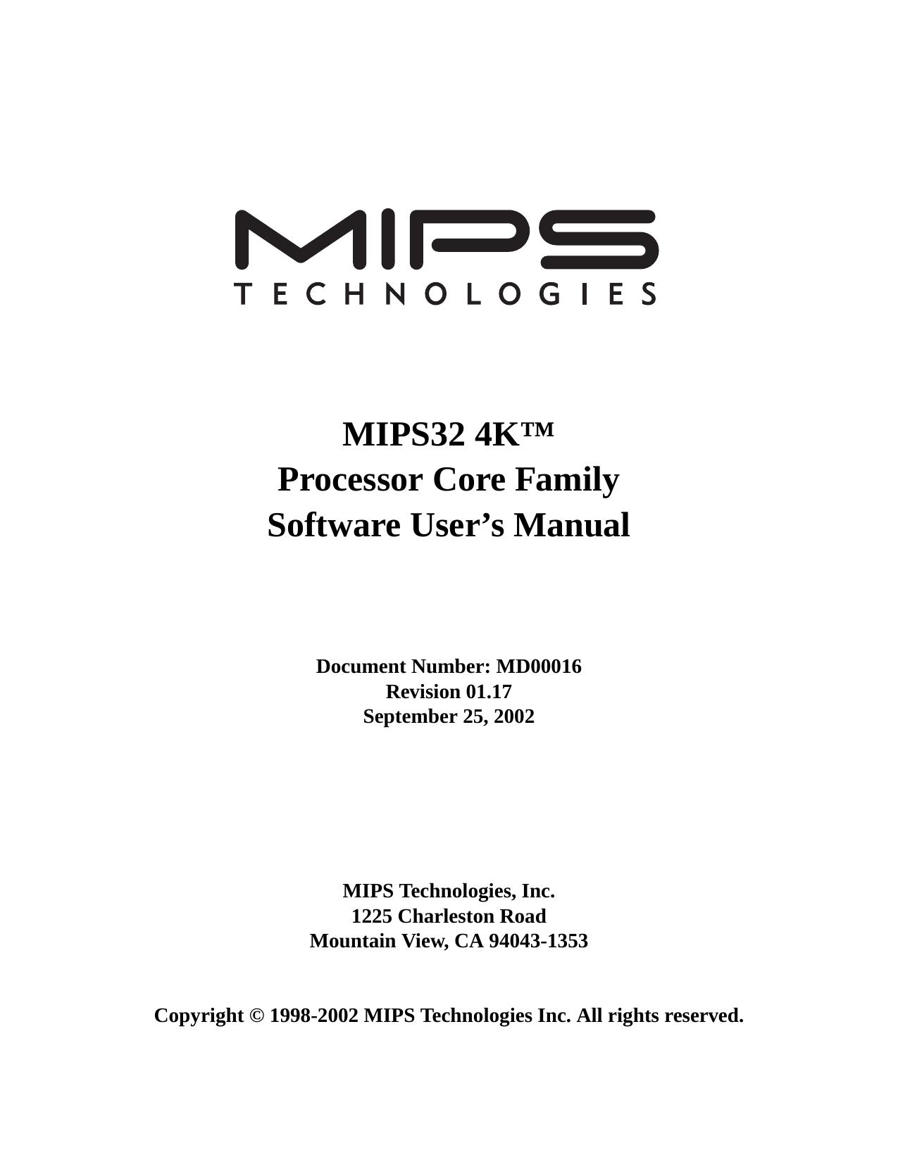 MIPS Technologies MIPS32 4Kâ¢ Processor Core Family Software Userâs Manual by coll