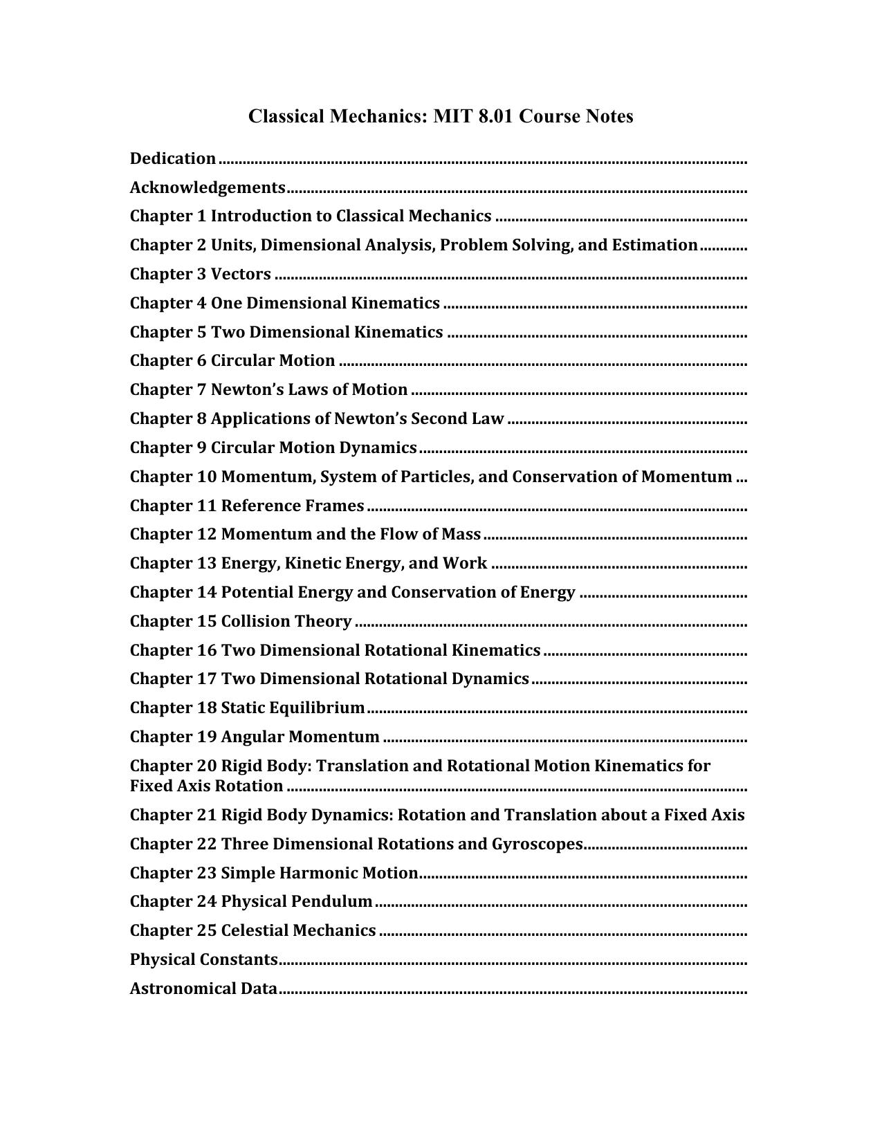 MIT 8.01 Classical Mechanics Course Notes by Anonymous