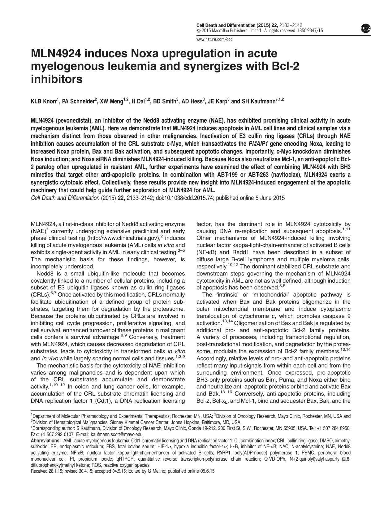 MLN4924 induces Noxa upregulation in acute myelogenous leukemia and synergizes with Bcl-2 inhibitors by K L B Knorr & P A Schneider & X W Meng & H Dai & B D Smith & A D Hess & J E Karp & S H Kaufmann &