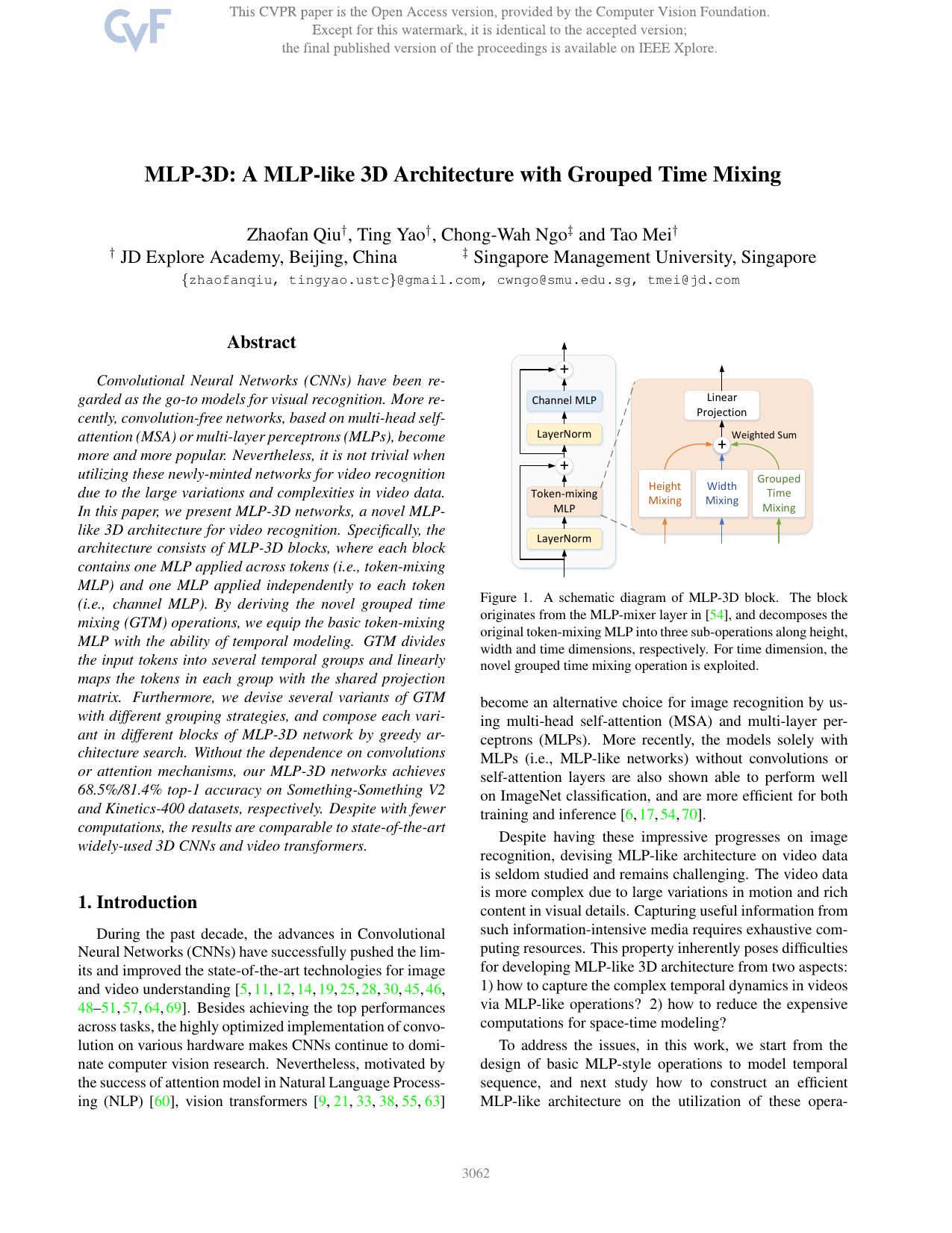 MLP-3D: A MLP-Like 3D Architecture With Grouped Time Mixing by Zhaofan Qiu & Ting Yao & Chong-Wah Ngo & Tao Mei