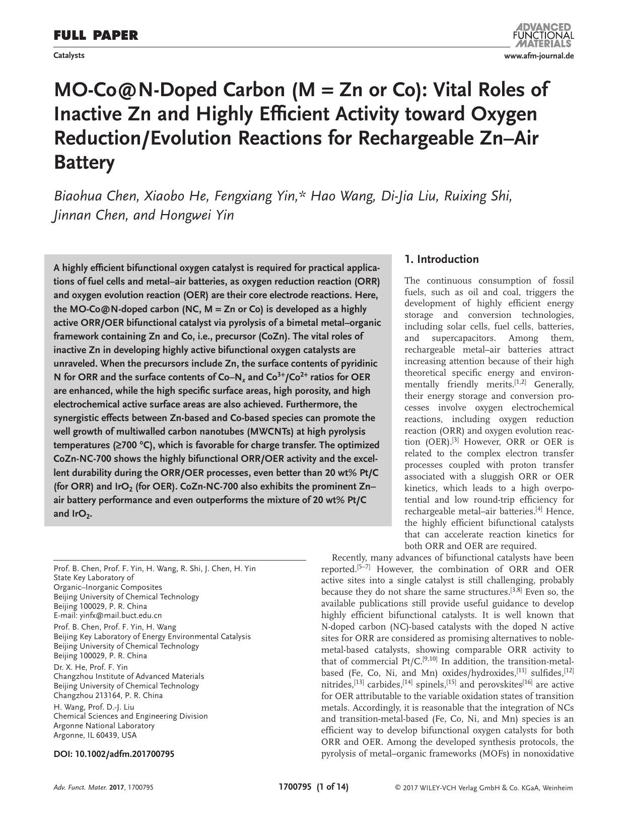 MO‐Co@N‐Doped Carbon (M = Zn or Co): Vital Roles of Inactive Zn and Highly Efficient Activity toward Oxygen ReductionEvolution Reactions for Rechargeable Zn–Air Battery by Unknown