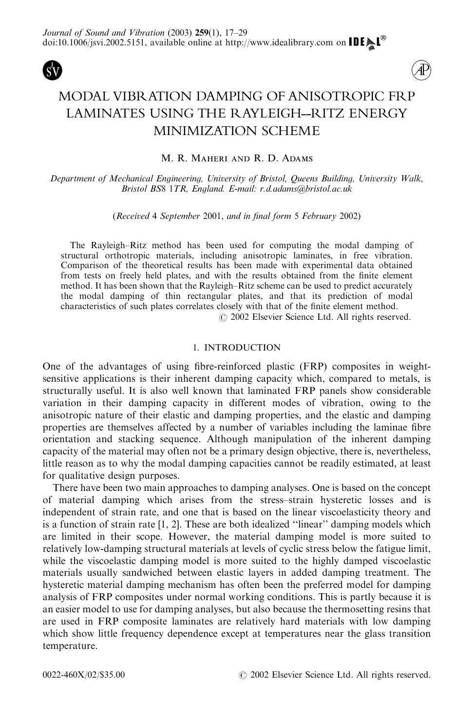 MODAL VIBRATION DAMPING OF ANISOTROPIC FRP LAMINATES USING THE RAYLEIGH-RITZ ENERGY MINIMIZATION SCHEME by MAHERI M. R. & ADAMS R. D