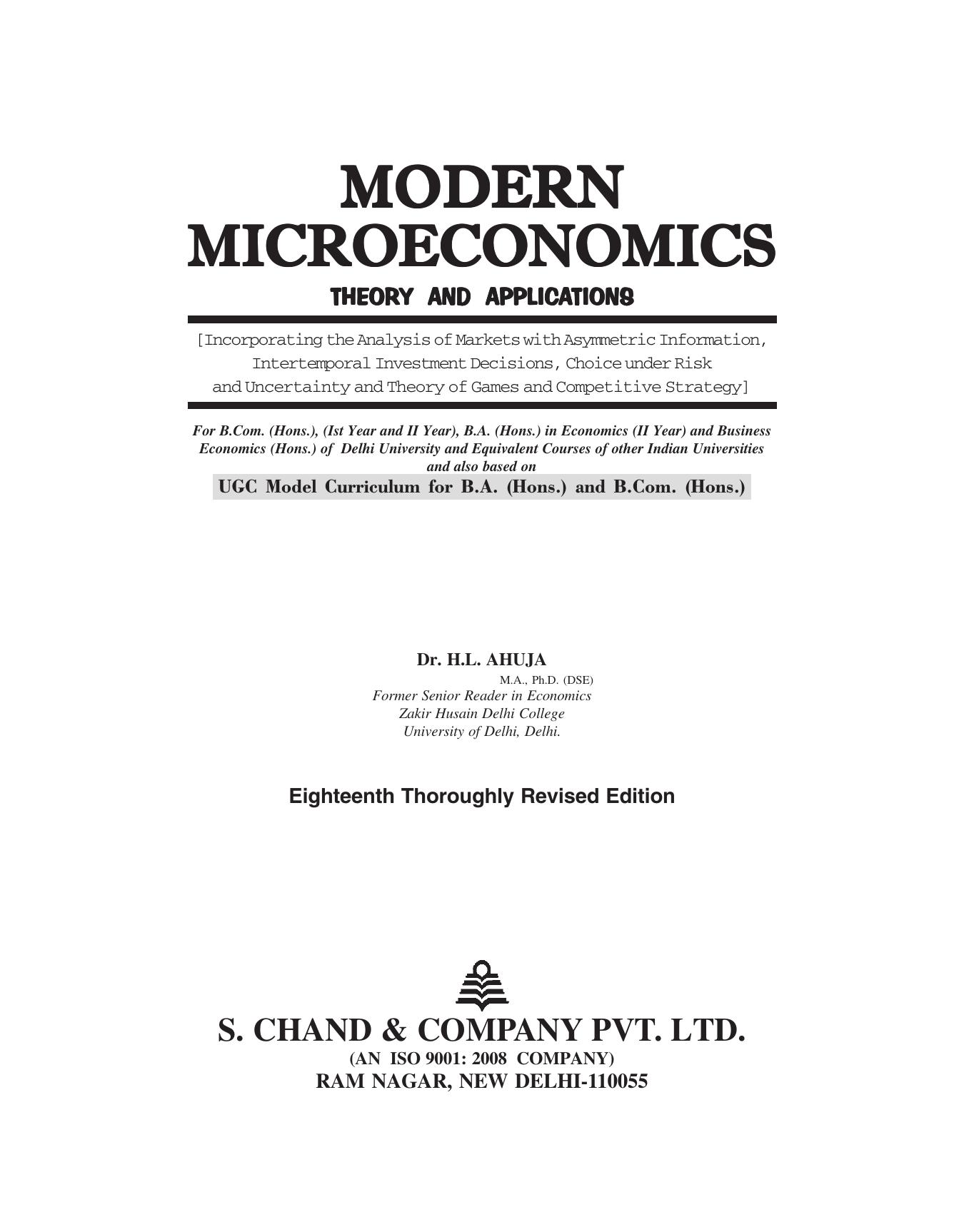 MODERN MICROECONOMICS THEORY AND APPLICATIONS by H. L. Ahuja