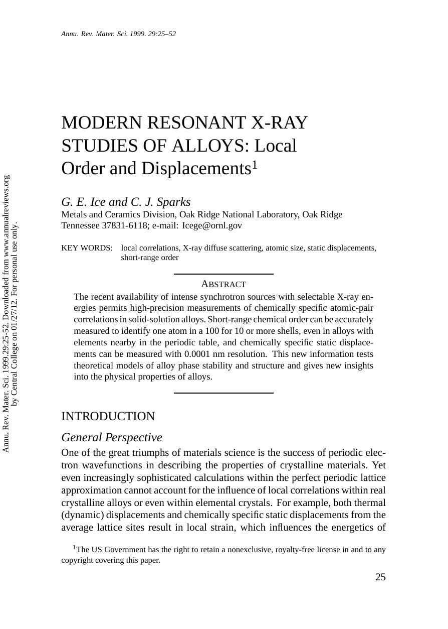 MODERN RESONANT X-RAY STUDIES OF ALLOYS: Local Order and Displacements1 by G. E. Ice & C. J. Sparks