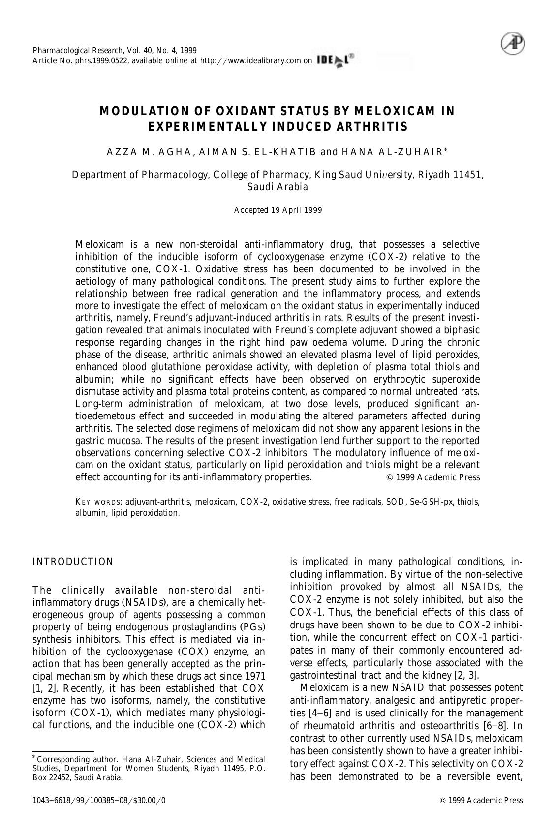 MODULATION OF OXIDANT STATUS BY MELOXICAM IN EXPERIMENTALLY INDUCED ARTHRITIS by Agha A.M. et al