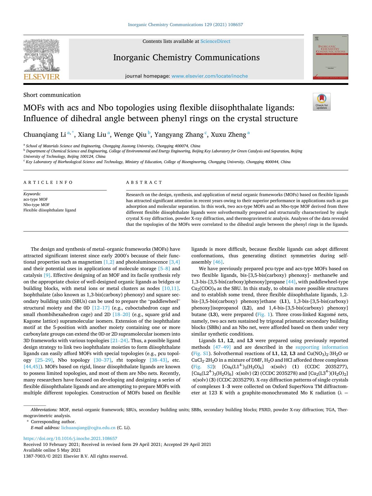 MOFs with acs and Nbo topologies using flexible diisophthalate ligands: Influence of dihedral angle between phenyl rings on the crystal structure by Chuanqiang Li