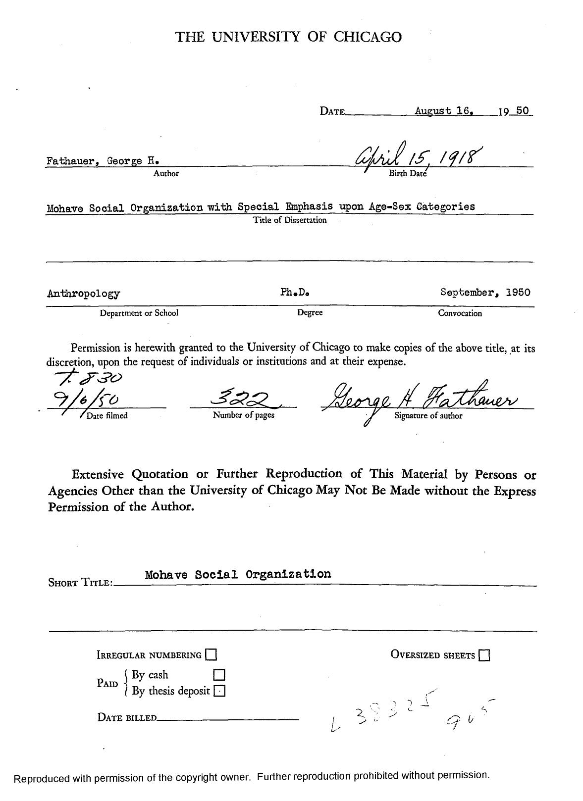 MOHAVE SOCIAL ORGANIZATION, WITH SPECIAL EMPHASIS UPON AGE-SEX CATEGORIES by FATHAUER GEORGE H
